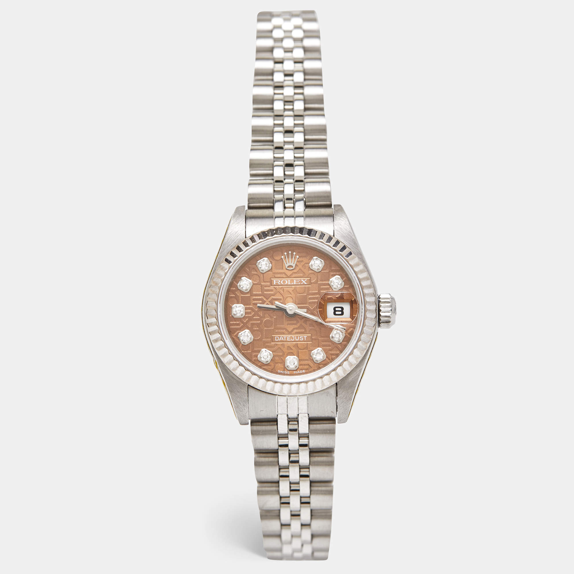 Pre Owned Rolex Brown Anniversary Diamond Dial 18K White Gold Stainless Steel Datejust 79174 Wristwatch 26 mm