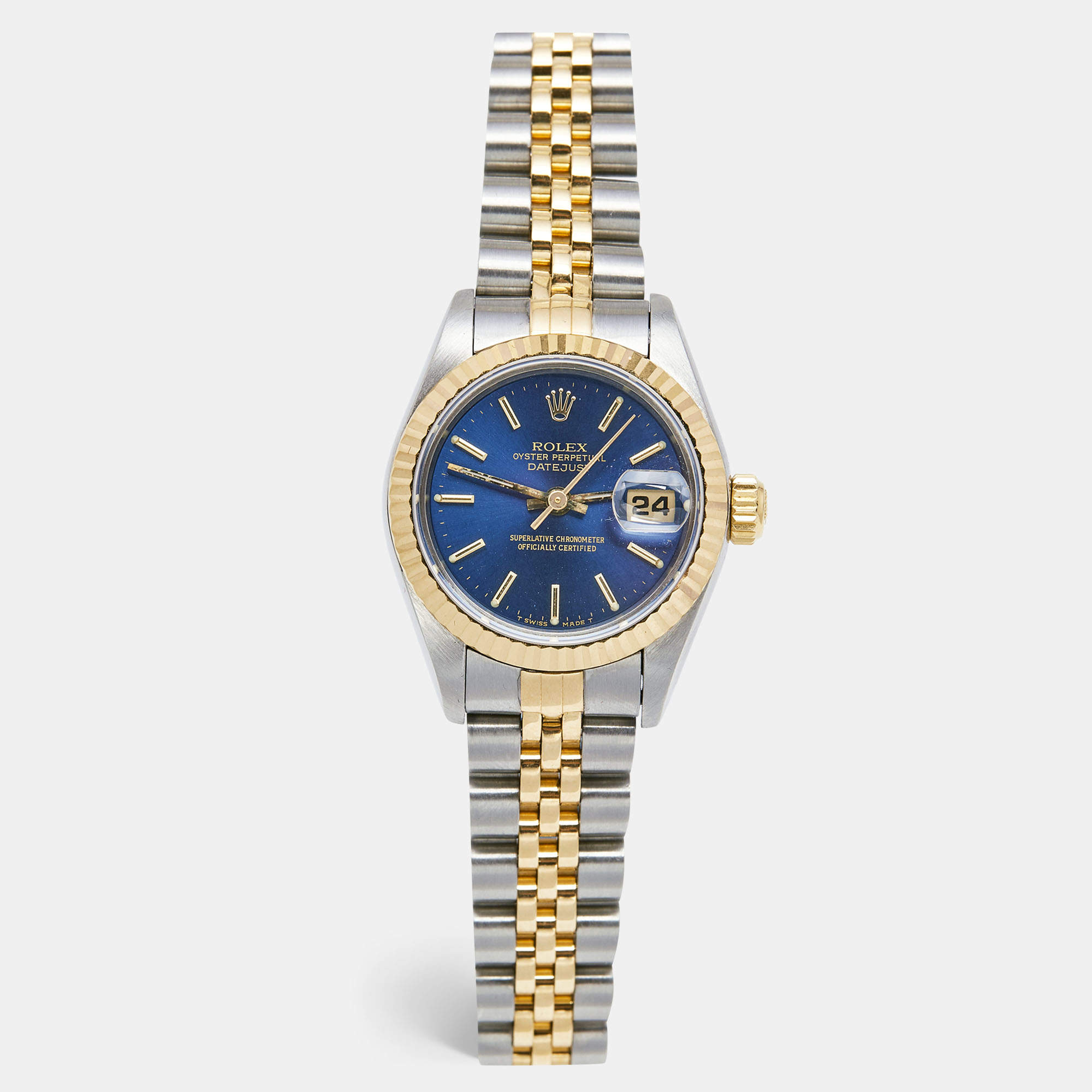 Pre Owned Rolex Blue 18k Yellow Gold Stainless Steel Datejust 69173 Women's Wristwatch 26 mm 