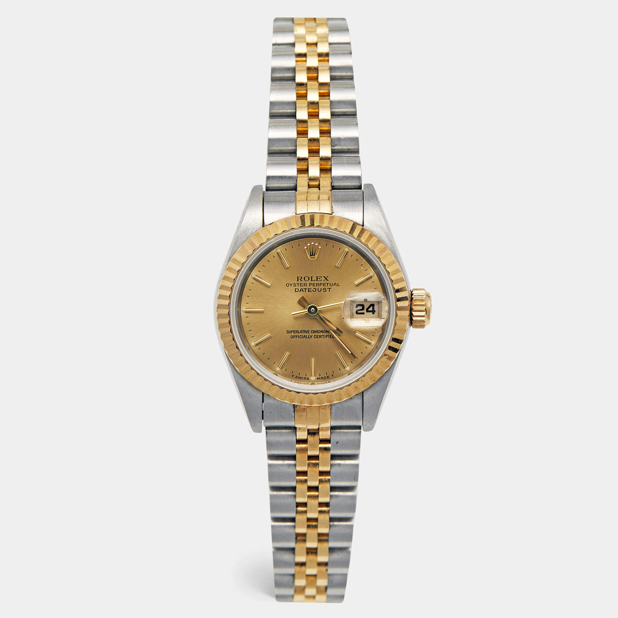 Pre Owned Rolex Champagne 18K Yellow Gold And Stainless Steel Datejust 69173 Women's Wristwatch 26 mm