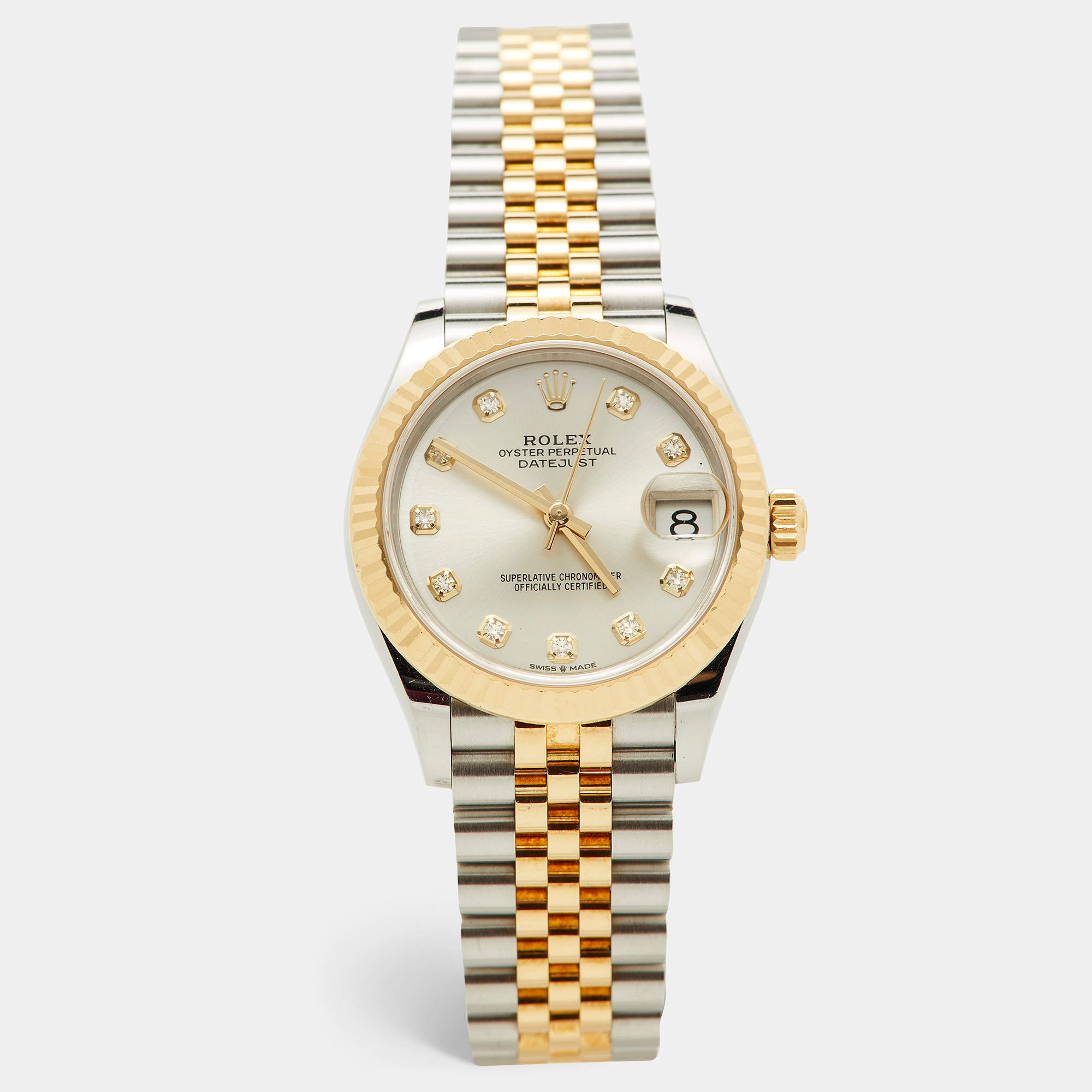 Pre Owned Rolex SIlver Sunburst 18K Yellow Gold Stainless Steel Diamond Datejust M278273-0020 Women's Wristwatch 31 mm