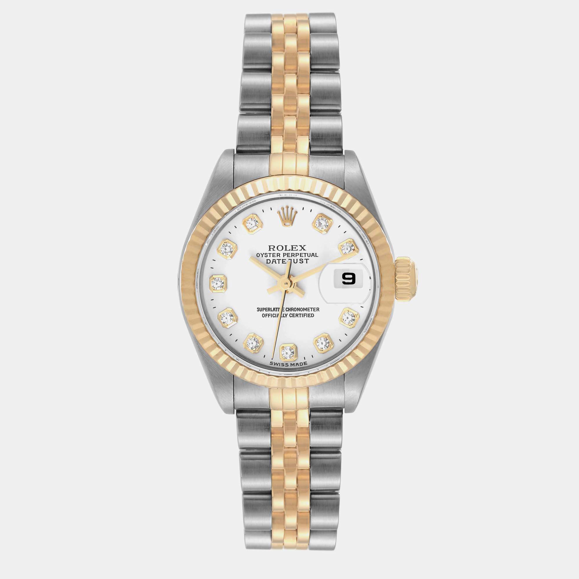 Pre Owned Rolex Datejust Steel Yellow Gold White Diamond Dial Ladies Watch 79173 26 mm