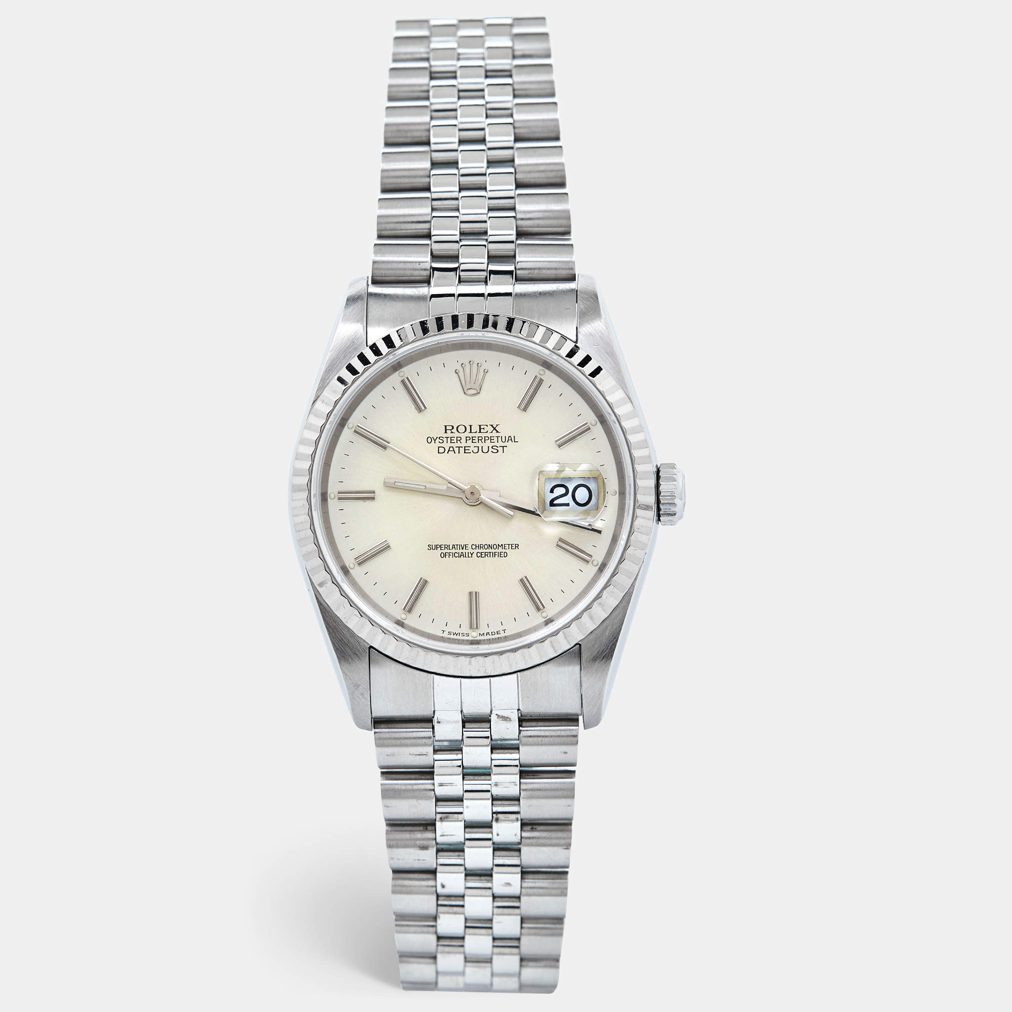 Pre Owned Rolex Silver Sunburst 18K White Gold Stainless Steel Datejust 16234 Men's Wristwatch 36 mm