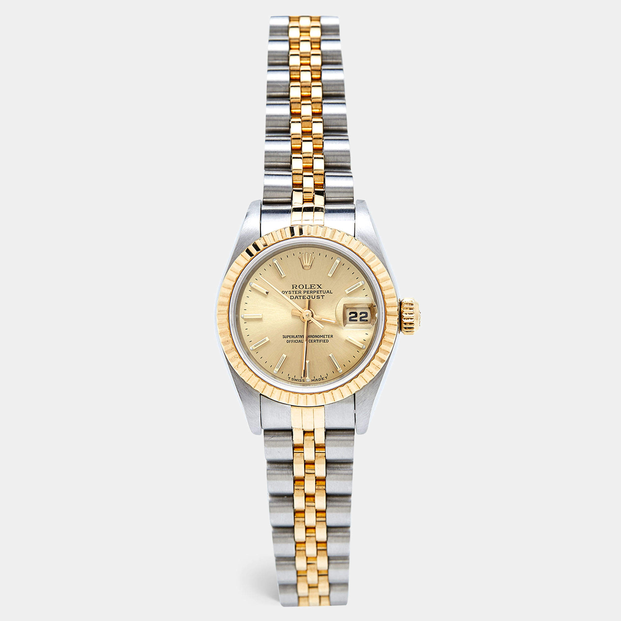 Pre Owned Rolex Champagne 18K Yellow Gold And Stainless Steel Datejust 69173 Women's Wristwatch 26 mm