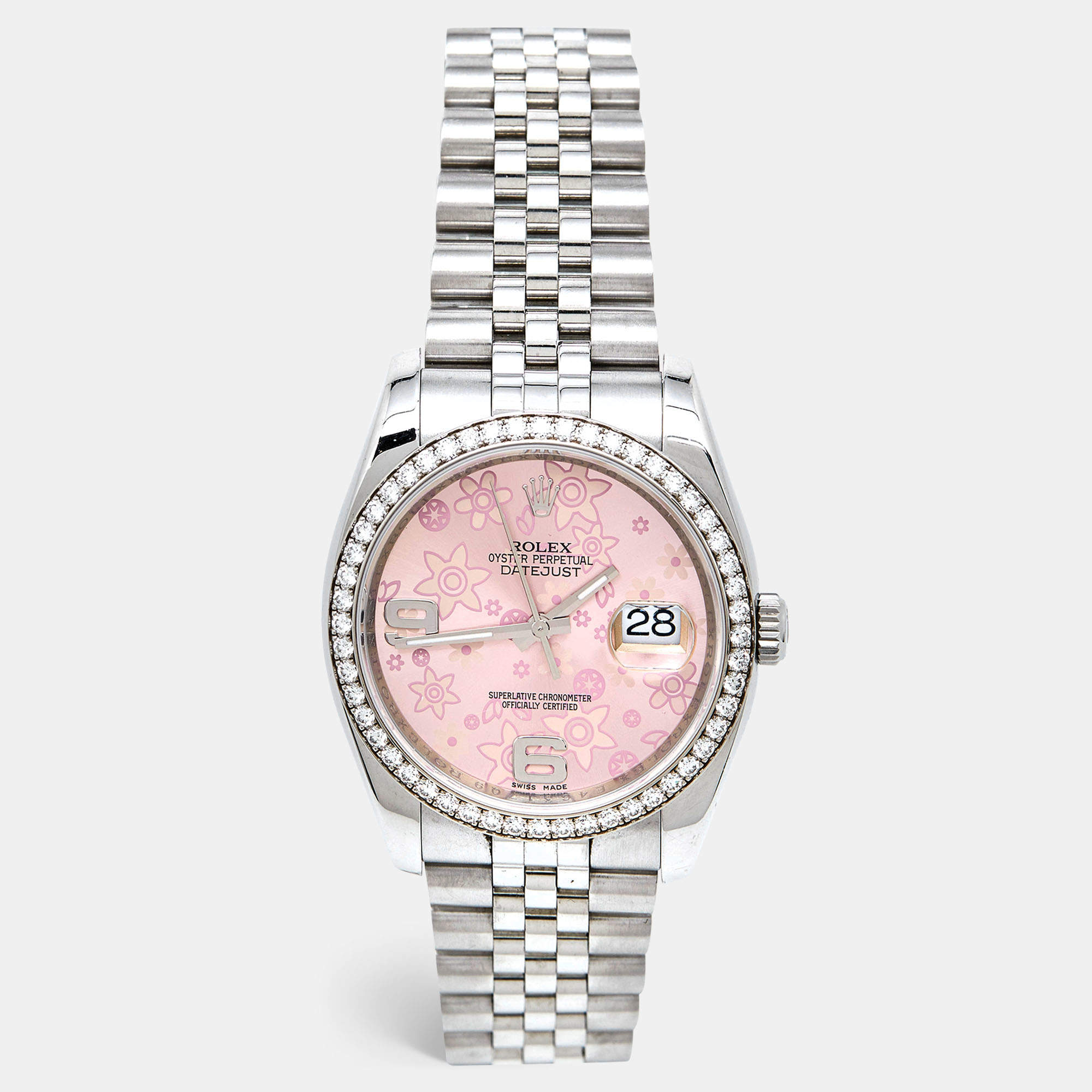 مملوكة مسبقًا Rolex Pink 18K White Gold Stainless Steel Diamond Datejust 116244-0004 Women's Wristwatch 36 mm