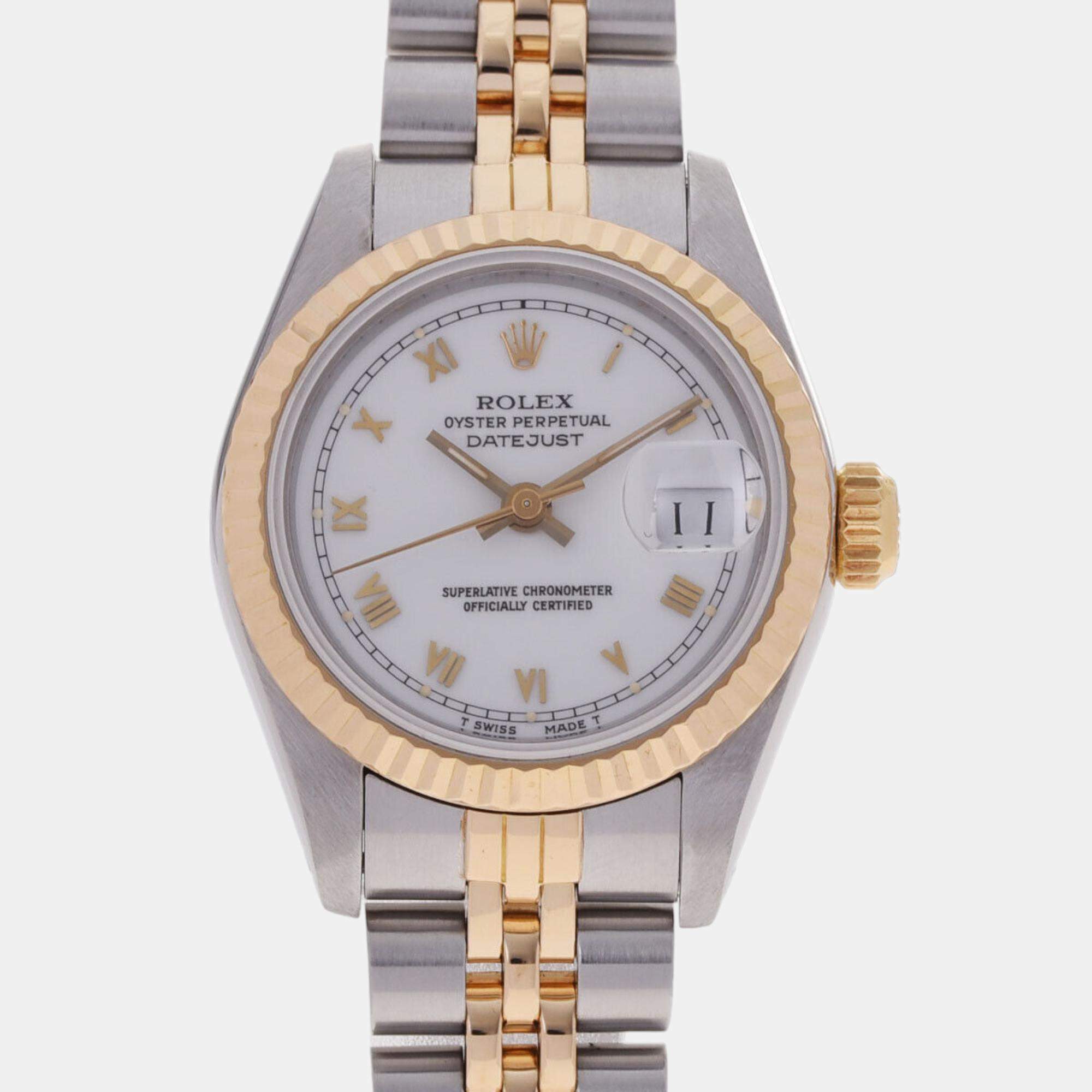 Pre Owned Rolex White 18k Yellow Gold And Stainless Steel Datejust 69173 Automatic Women's Wristwatch 26 mm