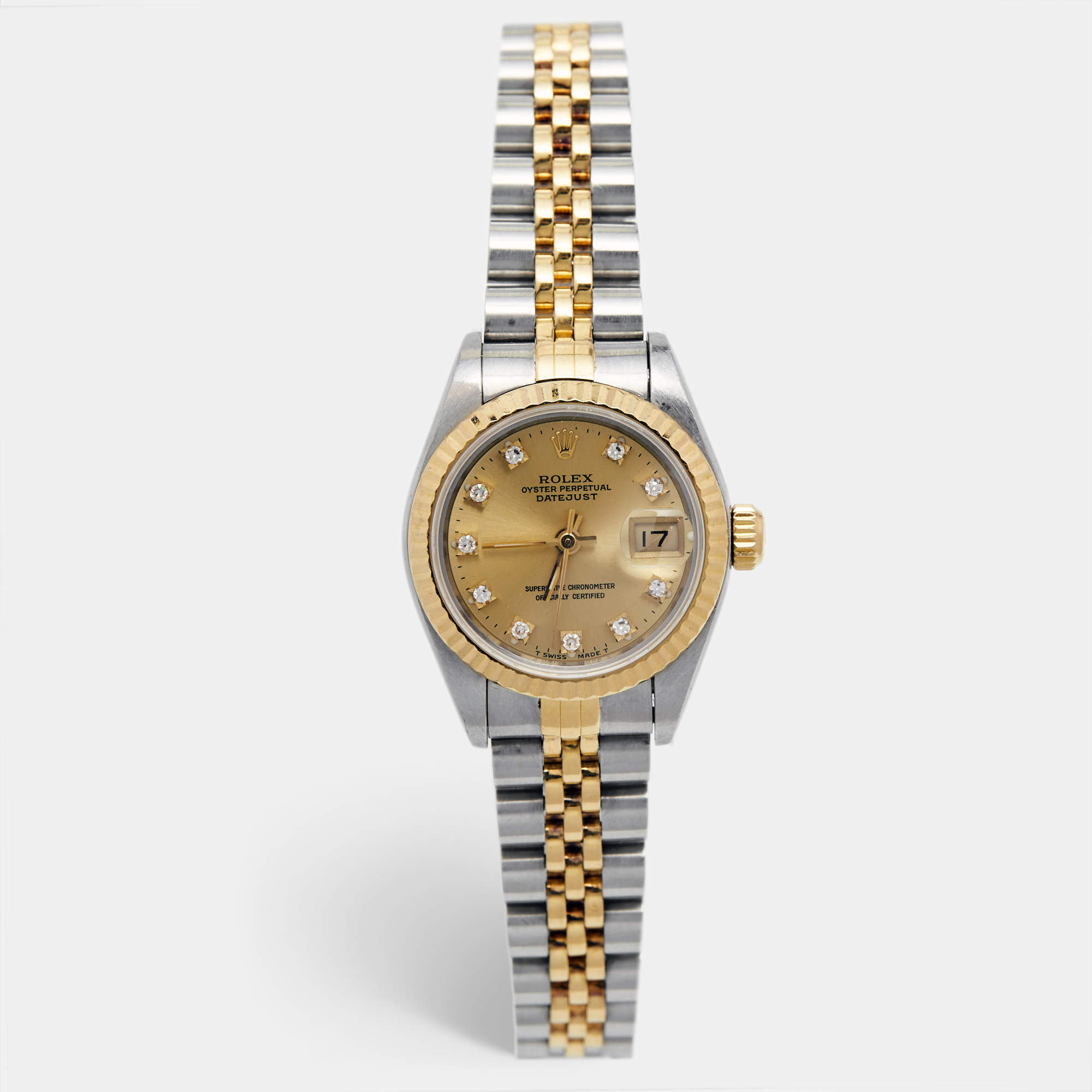 Pre Owned Rolex Champagne Diamond 18k Yellow Gold And Stainless Steel Datejust 69173 Automatic Women's Wristwatch 26 mm