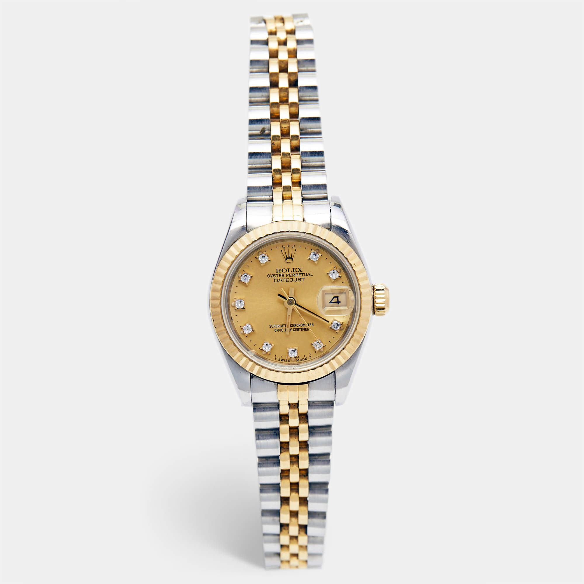 Pre Owned Rolex Champagne Diamond 18k Yellow Gold And Stainless Steel Datejust 69173 Automatic Women's Wristwatch 26 mm