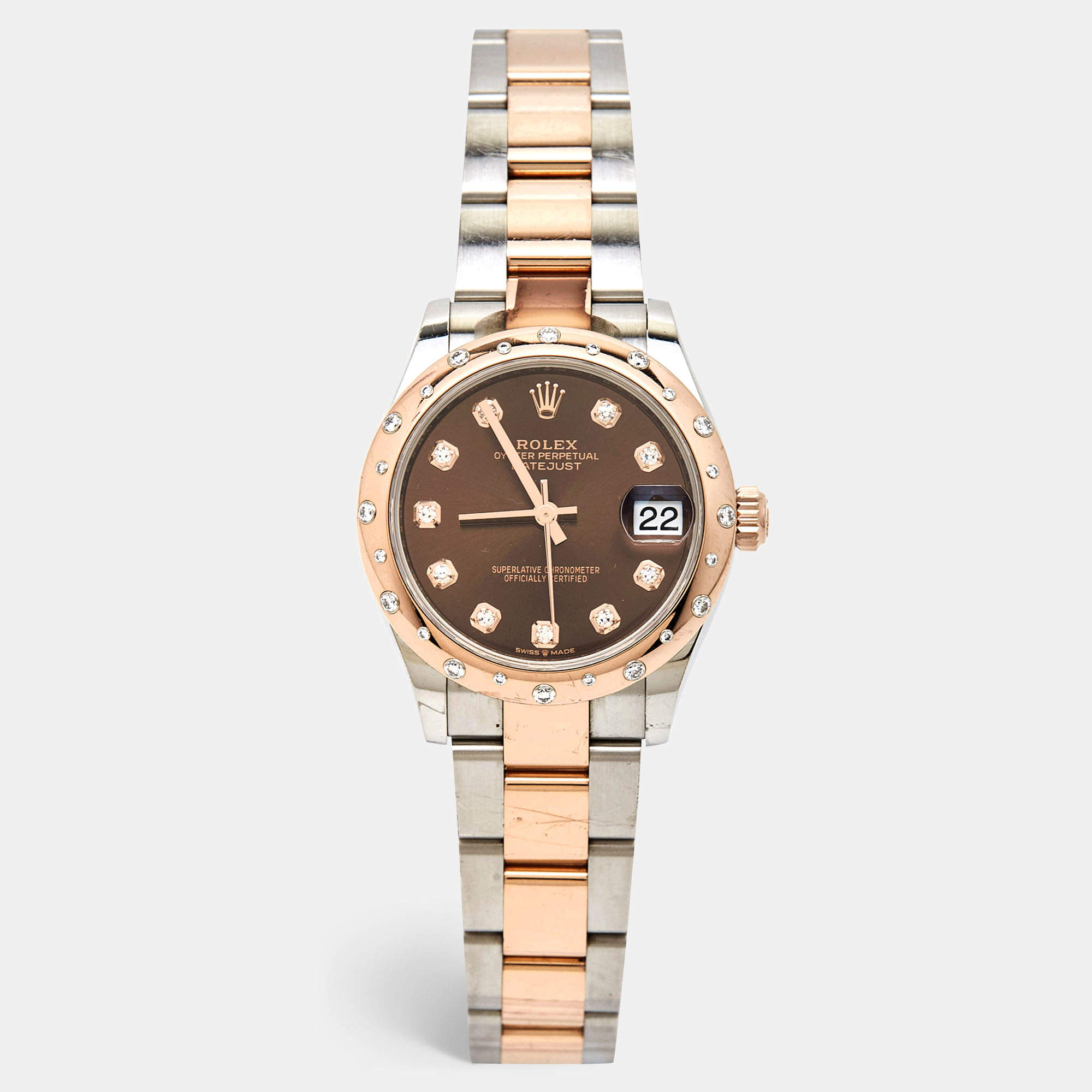 Pre Owned Rolex Chocolate 18K Everose Gold Oystersteel Diamond Datejust M278341RBR-0027 Women's Wristwatch 31 mm