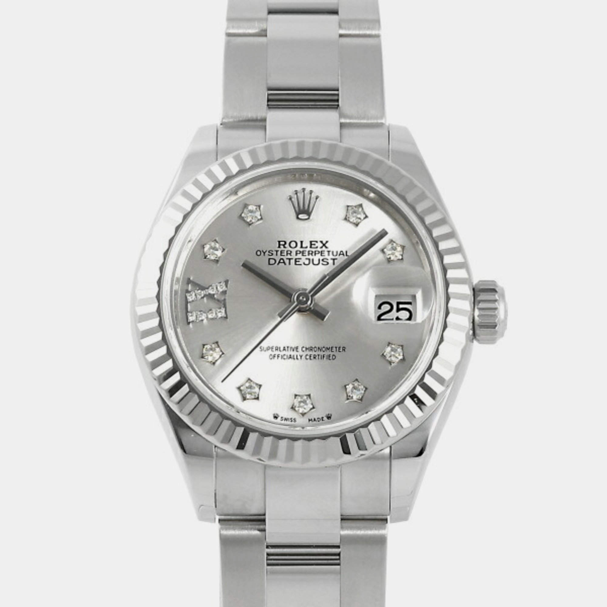 Rolex Silver Diamond 18k White Gold And Stainless Steel Datejust 279174 Automatic Women's Wristwatch 28 mm