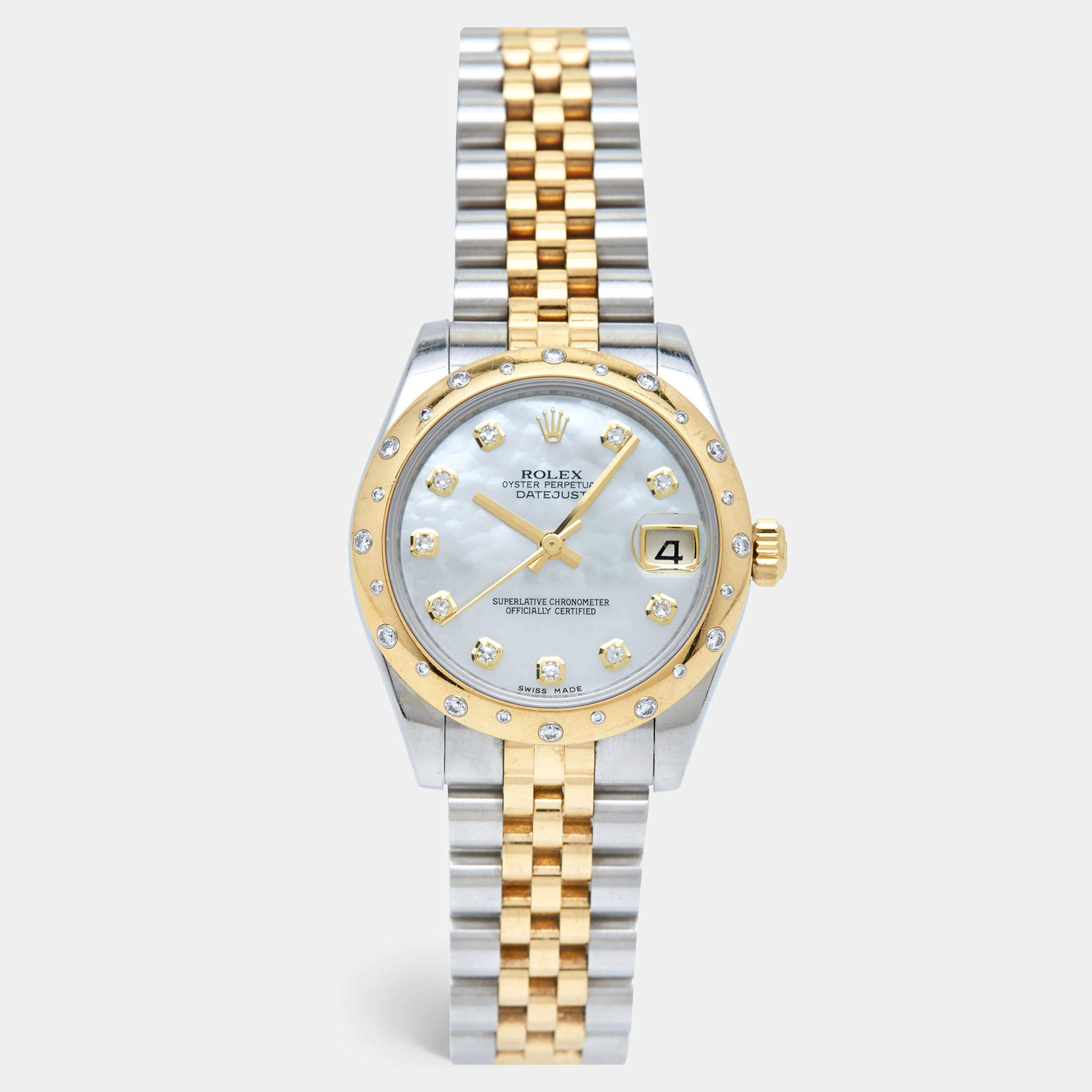 Pre Owned Rolex Mother Of Pearl Diamond 18K Yellow Gold Stainless Steel Datejust 178343 Women's Wristwatch 31 mm