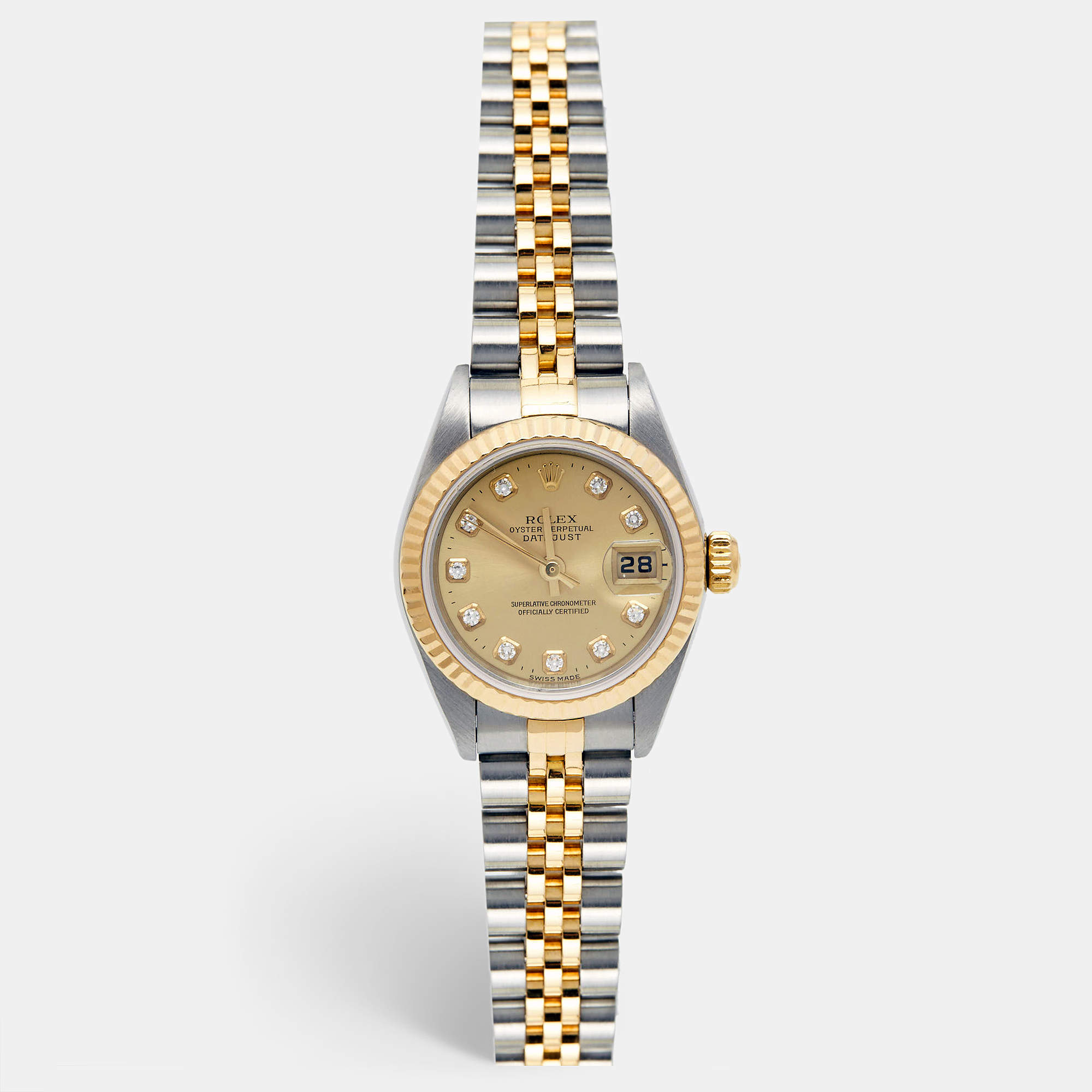 Pre Owned Rolex Champagne Diamond 18K Yellow Gold Stainless Steel Datejust 79173 Women's Wristwatch 26 mm
