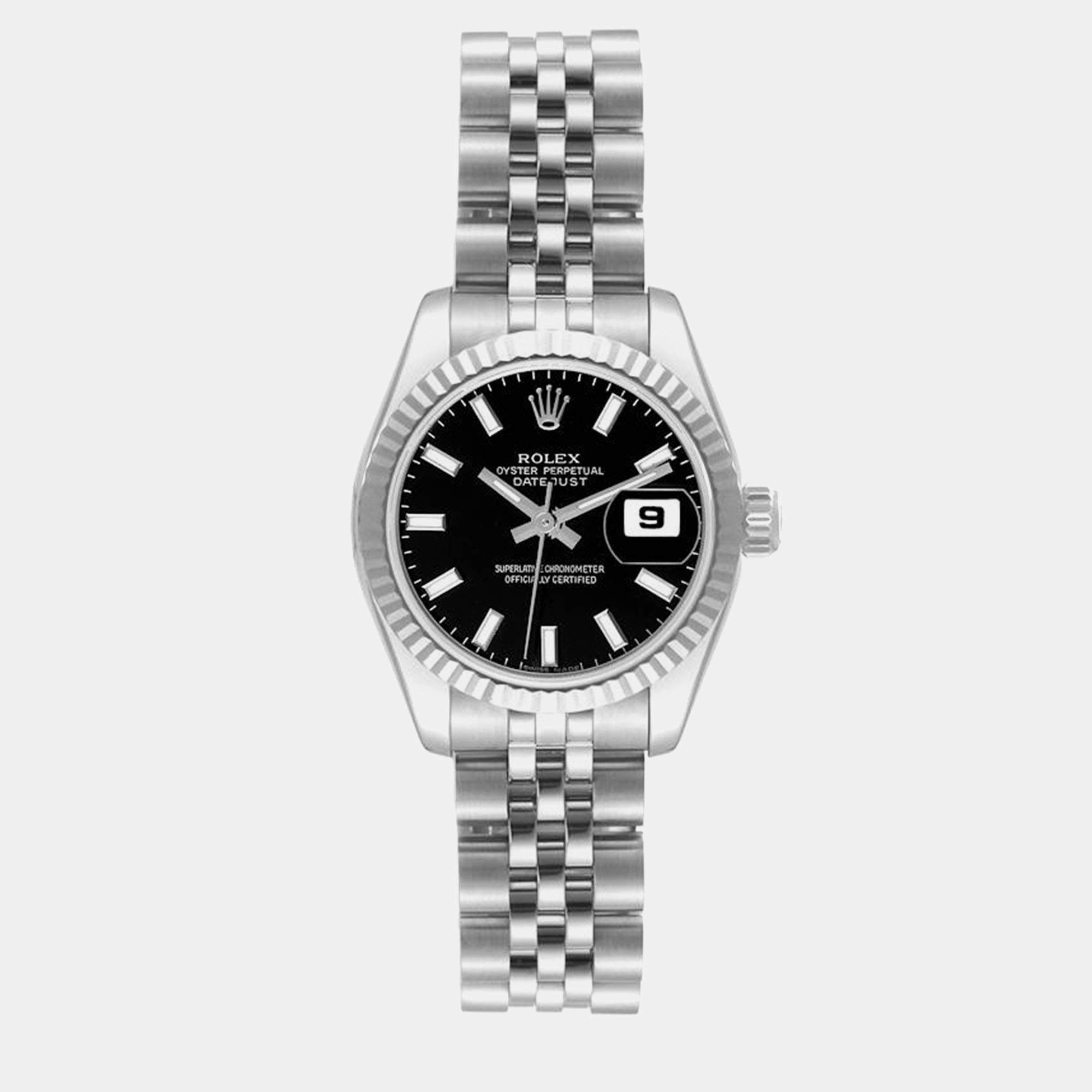 Rolex Datejust Steel White Gold Black Dial Ladies Watch 179174 26 mm