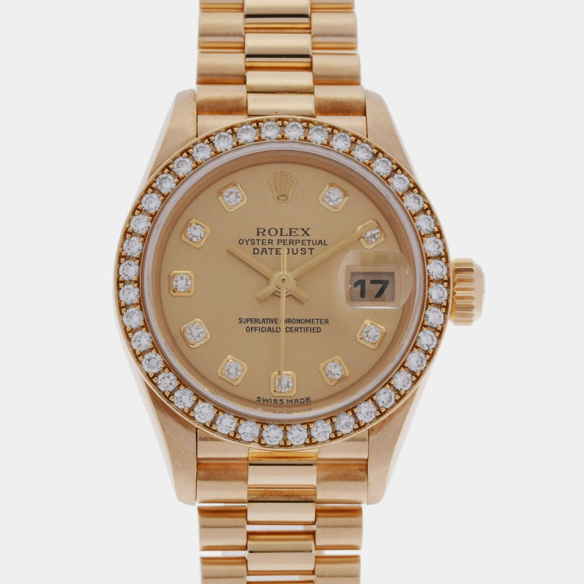 Pre Owned Rolex Champagne 18k Yellow Gold Diamond Datejust 79138 Automatic Women's Wristwatch 26 mm