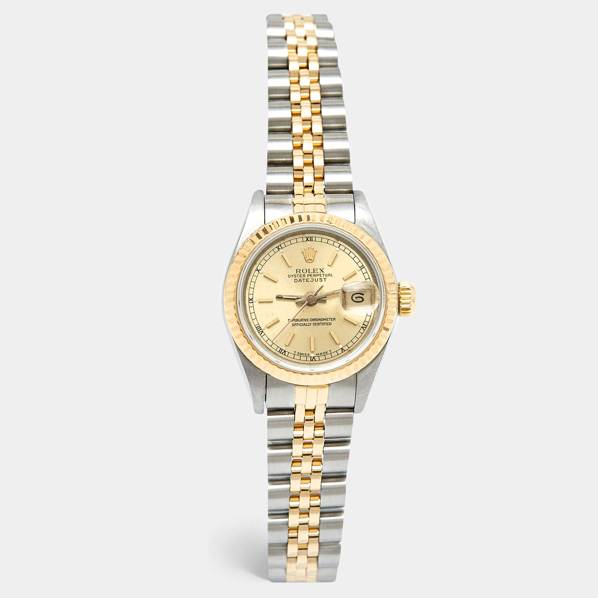 Pre Owned Rolex Champgne 18k Yellow Gold Stainless Steel Datejust 69173 Women's Wristwatch 26 mm