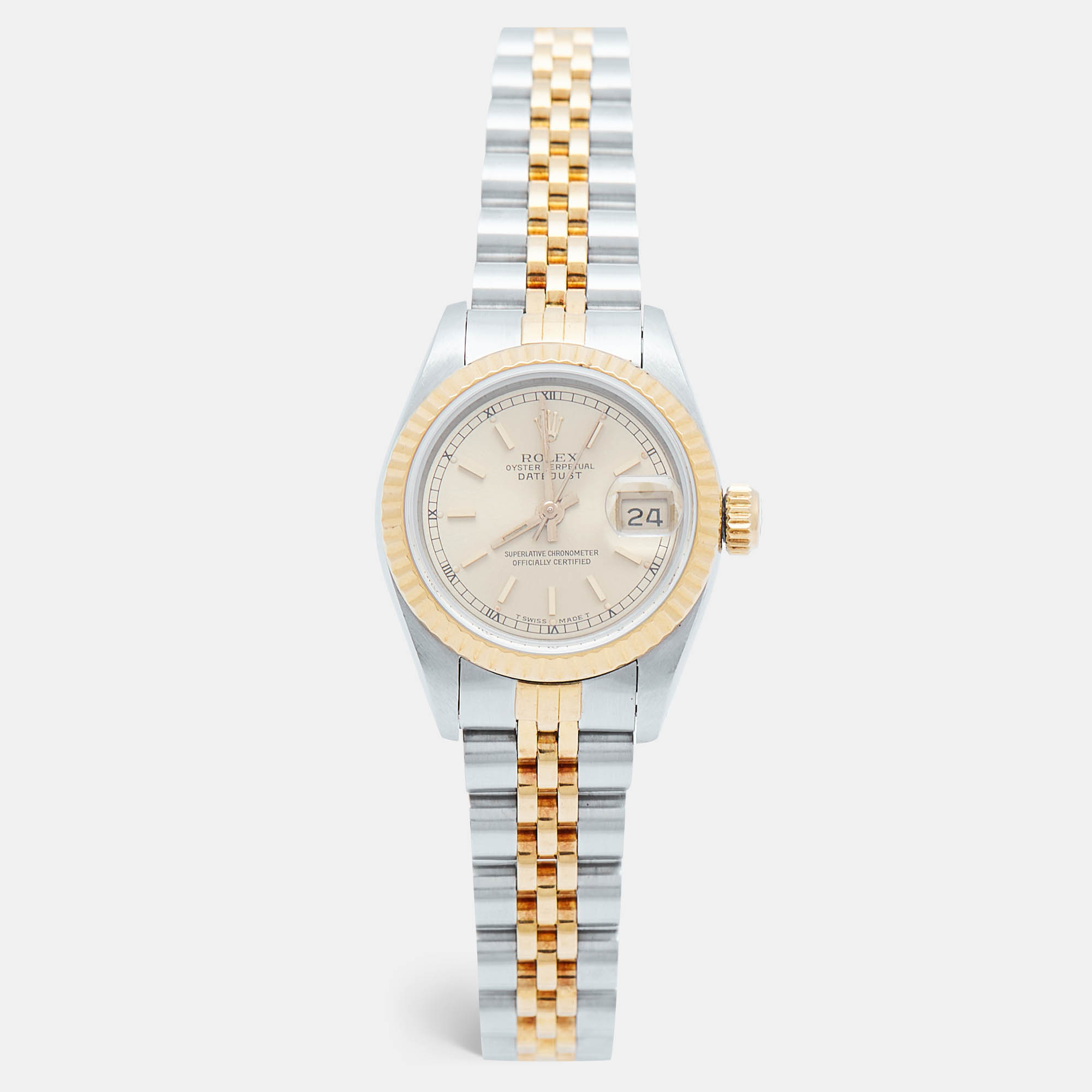 Pre Owned Rolex Champagne 18k Yellow Gold Stainless Steel Datejust 69173 Women's Wristwatch 26 mm