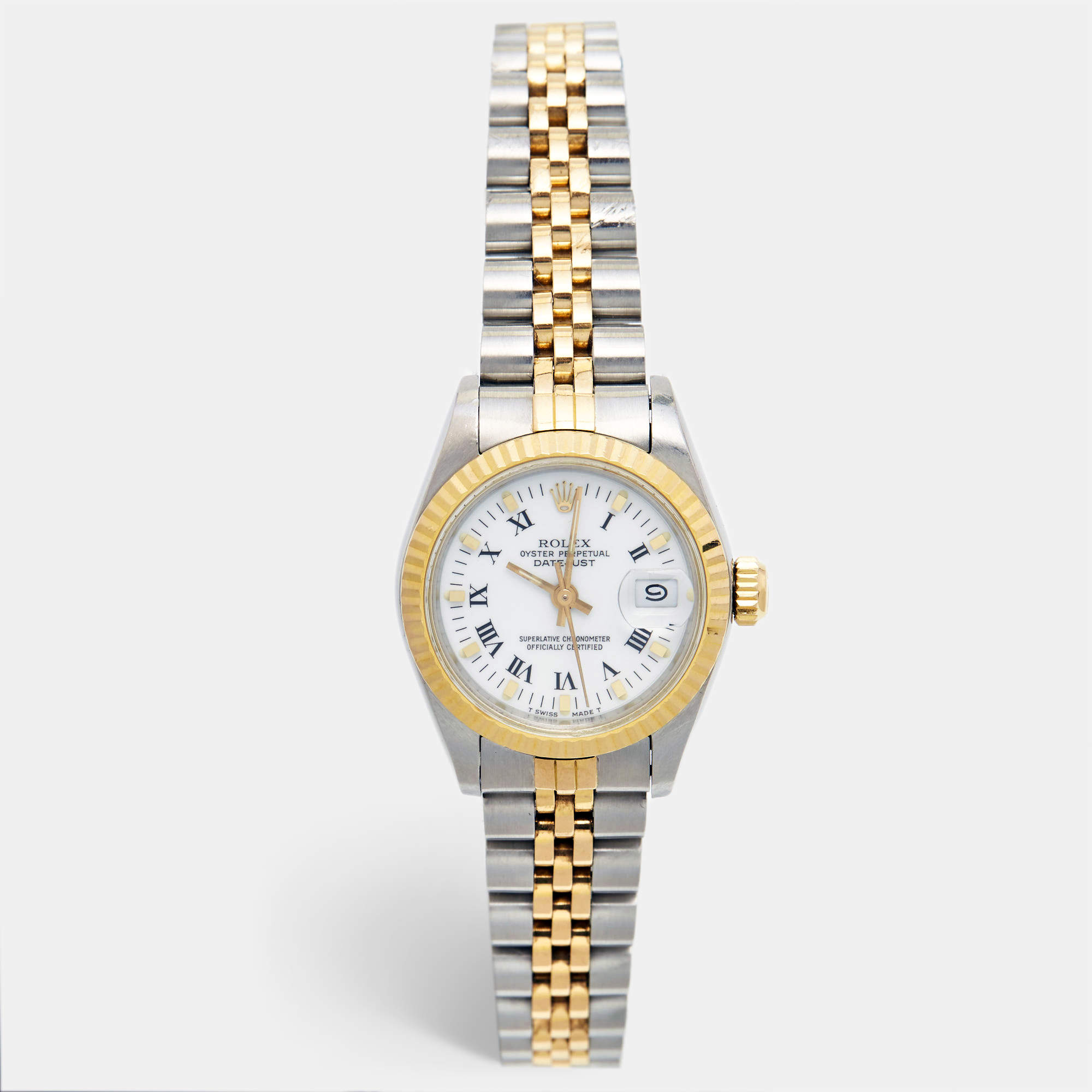 Rolex White 18K Yellow Gold And Stainless Steel Datejust 69173 Women's Wristwatch 26 mm