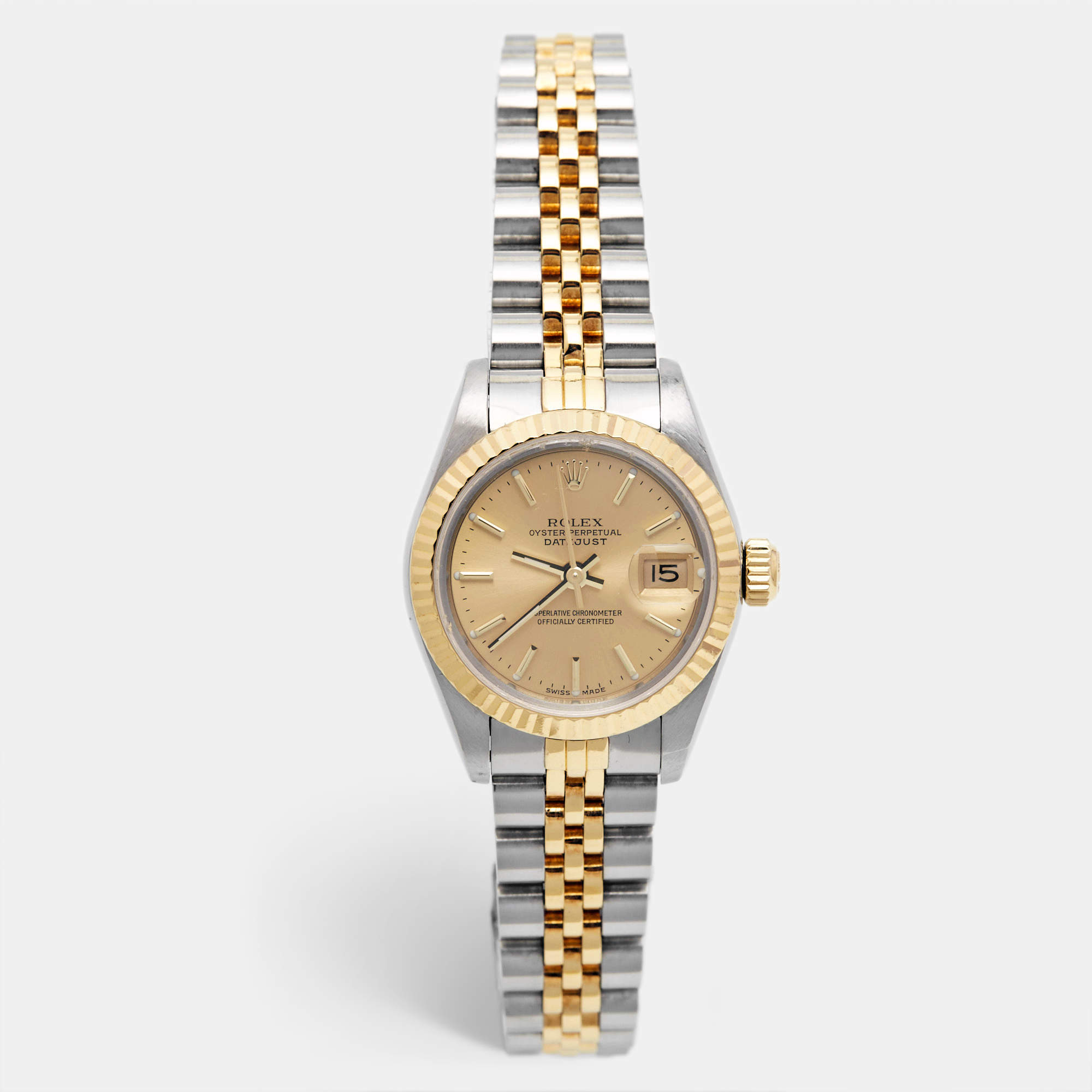 مملوكة مسبقًا Rolex Champagne 18k Yellow Gold Stainless Steel Datejust 69173 Women's Wristwatch 26 mm