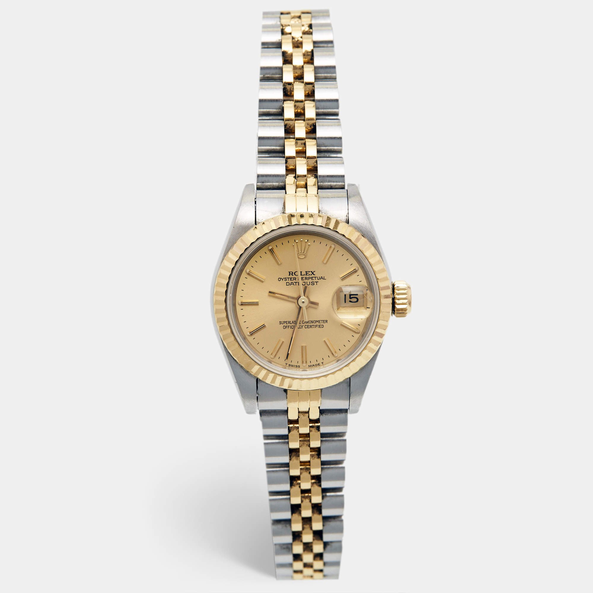 Pre Owned Rolex Champagne 18k Yellow Gold Stainless Steel Datejust 69173 Women's Wristwatch 26 mm