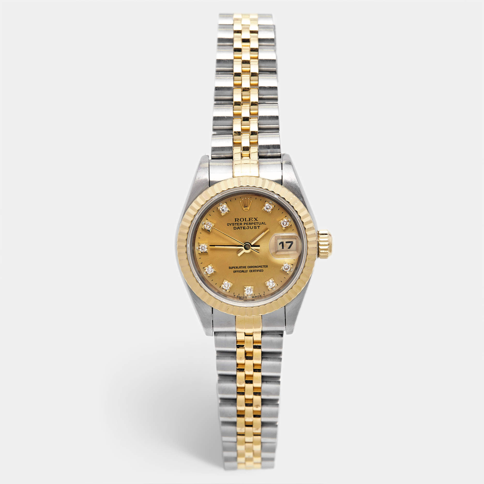 Pre Owned Rolex Champagne Diamond 18k Yellow Gold Stainless Steel Datejust 69173 Women's Wristwatch 26 mm
