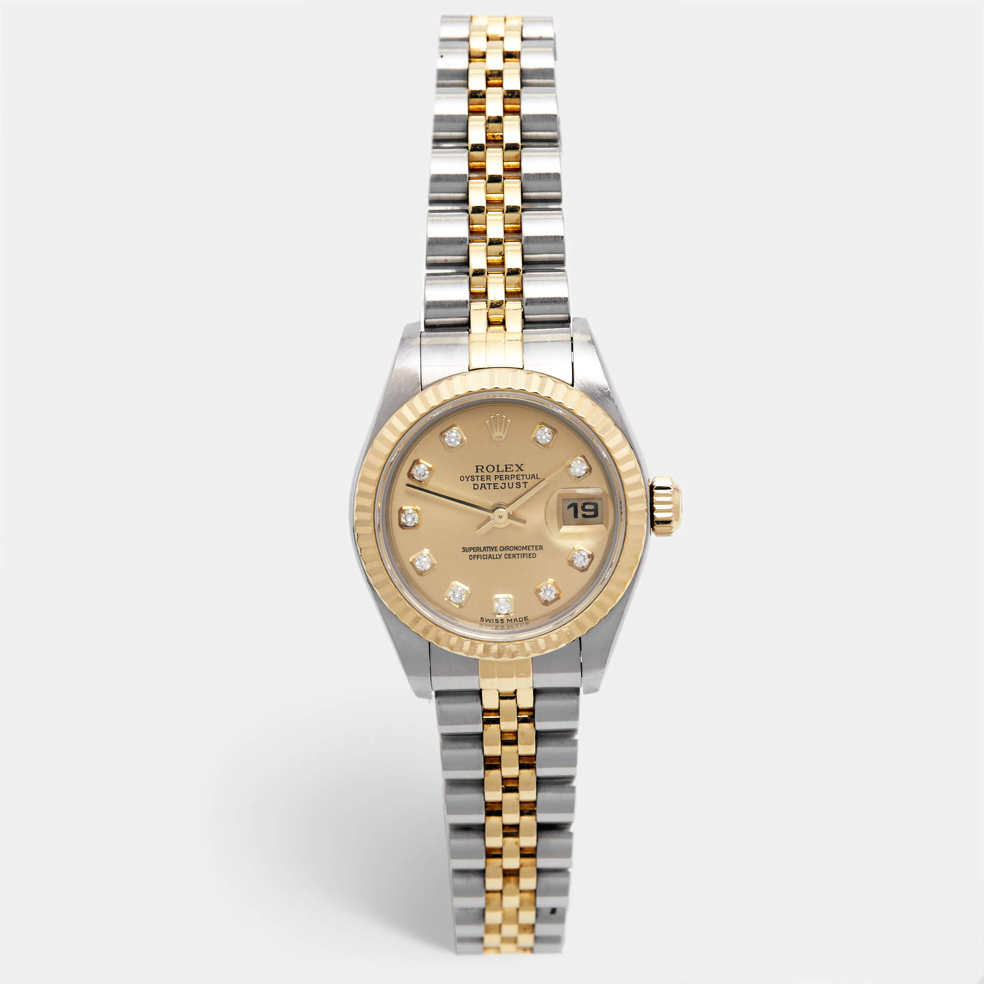 Pre Owned Rolex Champagne Diamond 18k Yellow Gold Stainless Steel Datejust 79173 Women's Wristwatch 26 mm