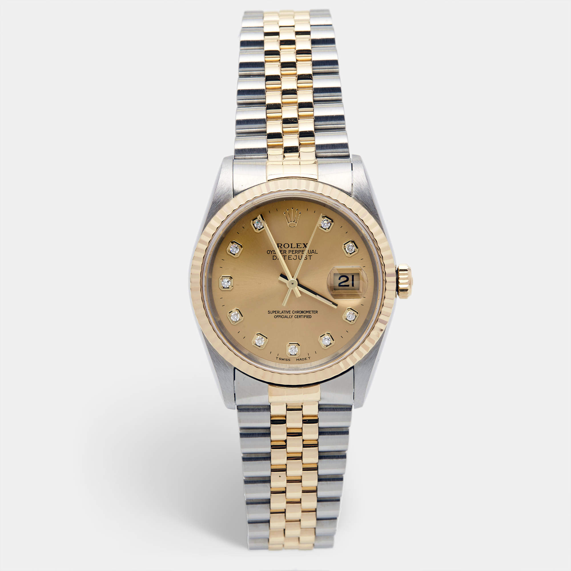 Pre Owned Rolex Champagne Diamond 18K Yellow Gold Stainless Steel Datejust 16233 Unisex Wristwatch 36 mm