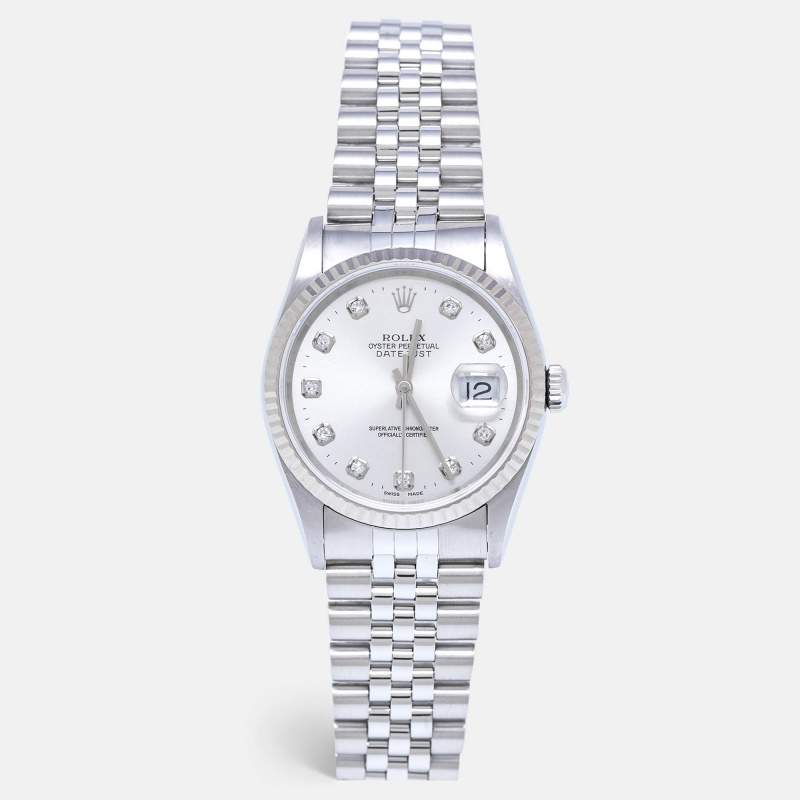 Rolex Silver Diamond 18K White Gold Stainless Steel Datejust 16234 Unisex Wristwatch 36 mm