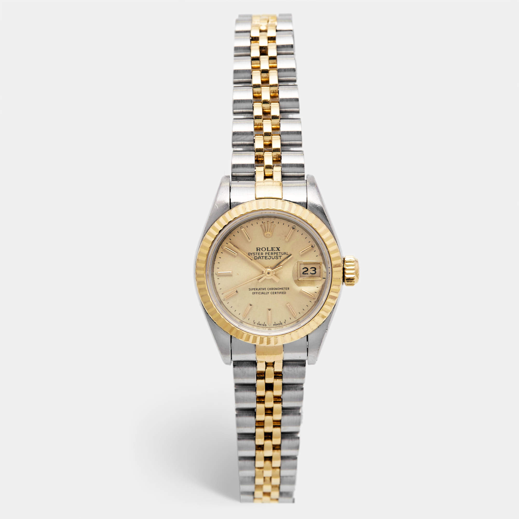 Pre Owned Rolex Champagne 18k Yellow Gold Stainless Steel Datejust 69173 Women's Wristwatch 26 mm