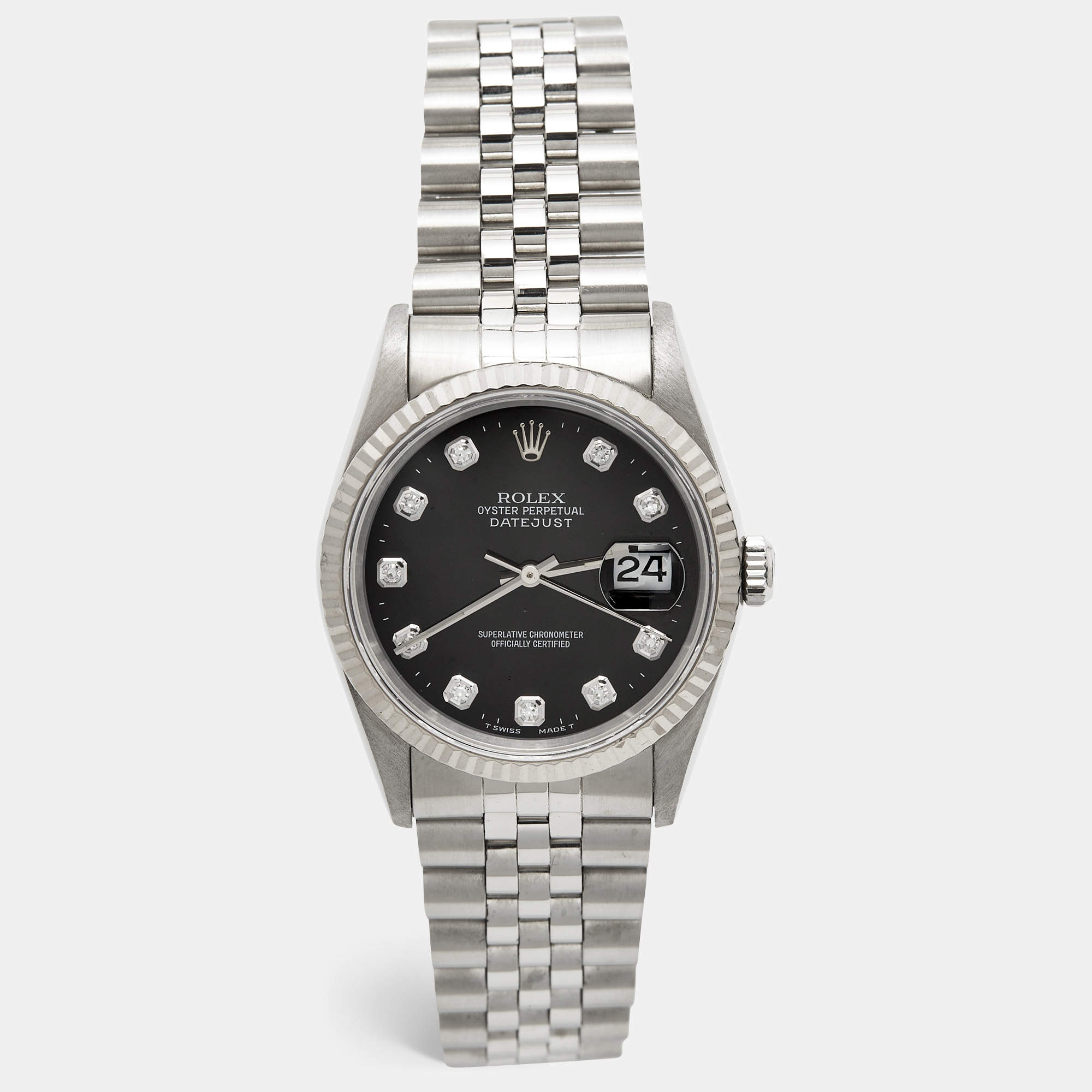 Pre Owned Rolex Black 18K White Gold Stainless Steel Diamond Datejust 16234 Unisex Wristwatch 36 mm
