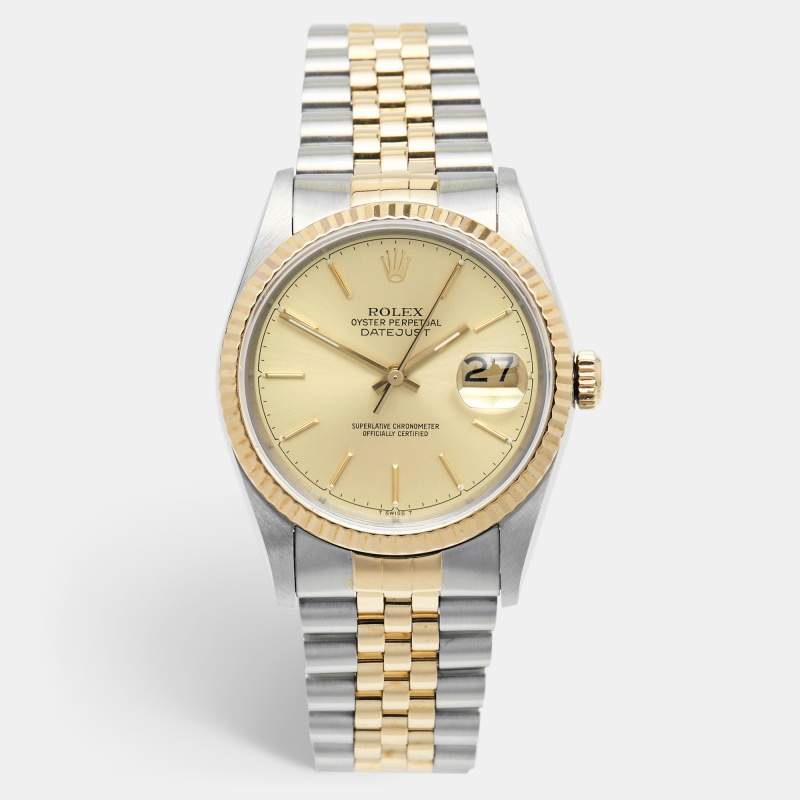 Pre Owned Rolex Champagne 18k Yellow Gold Stainless Steel Datejust 16233 Men's Wristwatch 36 mm