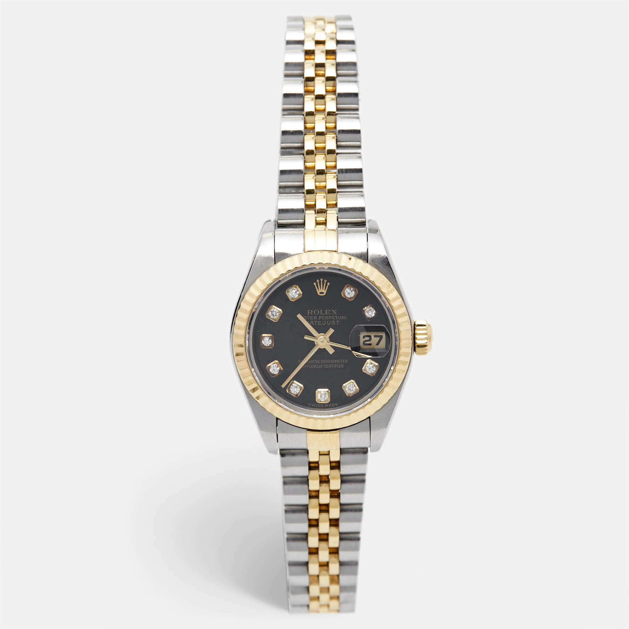 Pre Owned Rolex Black 18K Yellow Gold Stainless Steel Diamond Datejust 79173 Women's Wristwatch 26 mm