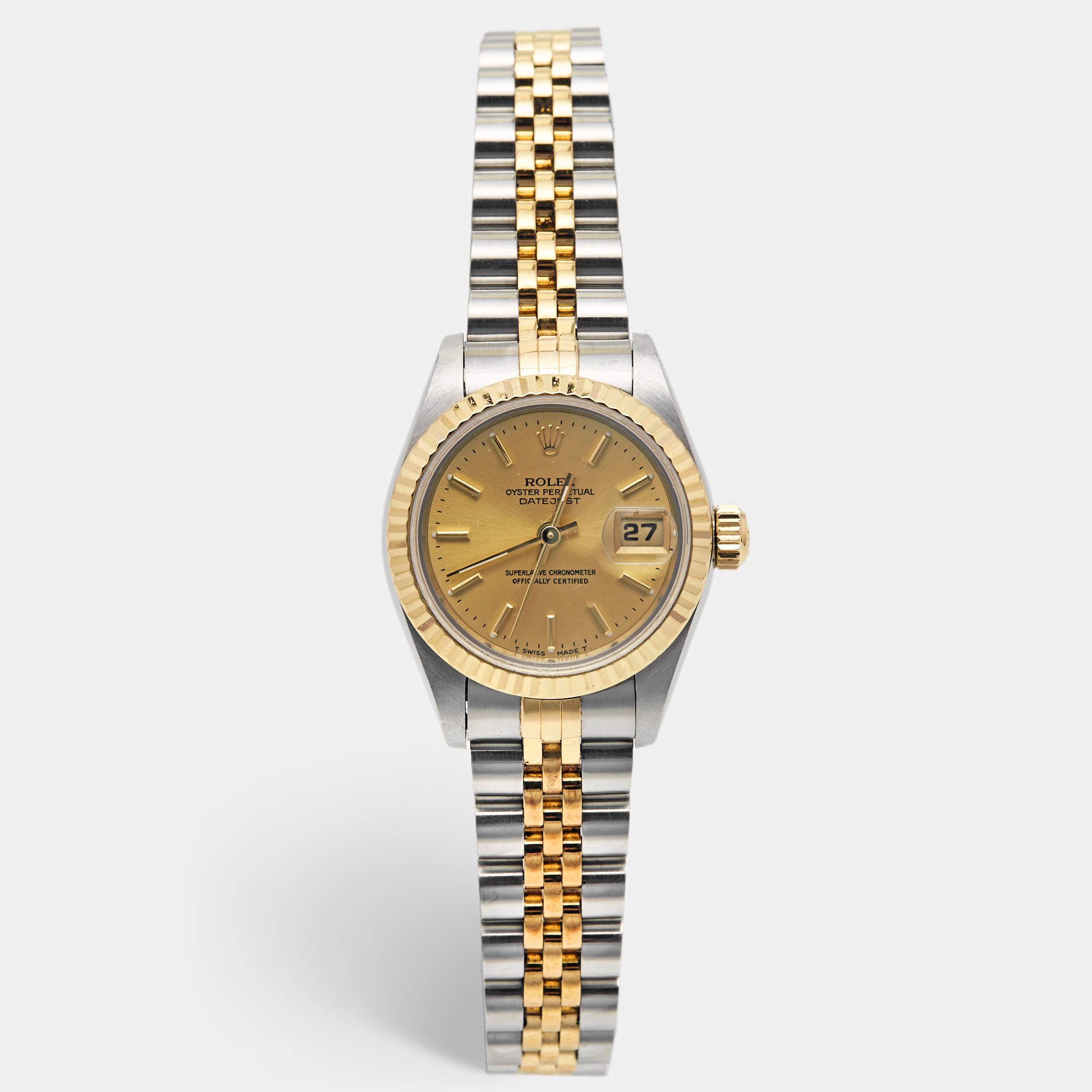 Pre Owned Rolex Champagne 18k Yellow Gold Stainless Steel Datejust 69173 Women's Wristwatch 26 mm