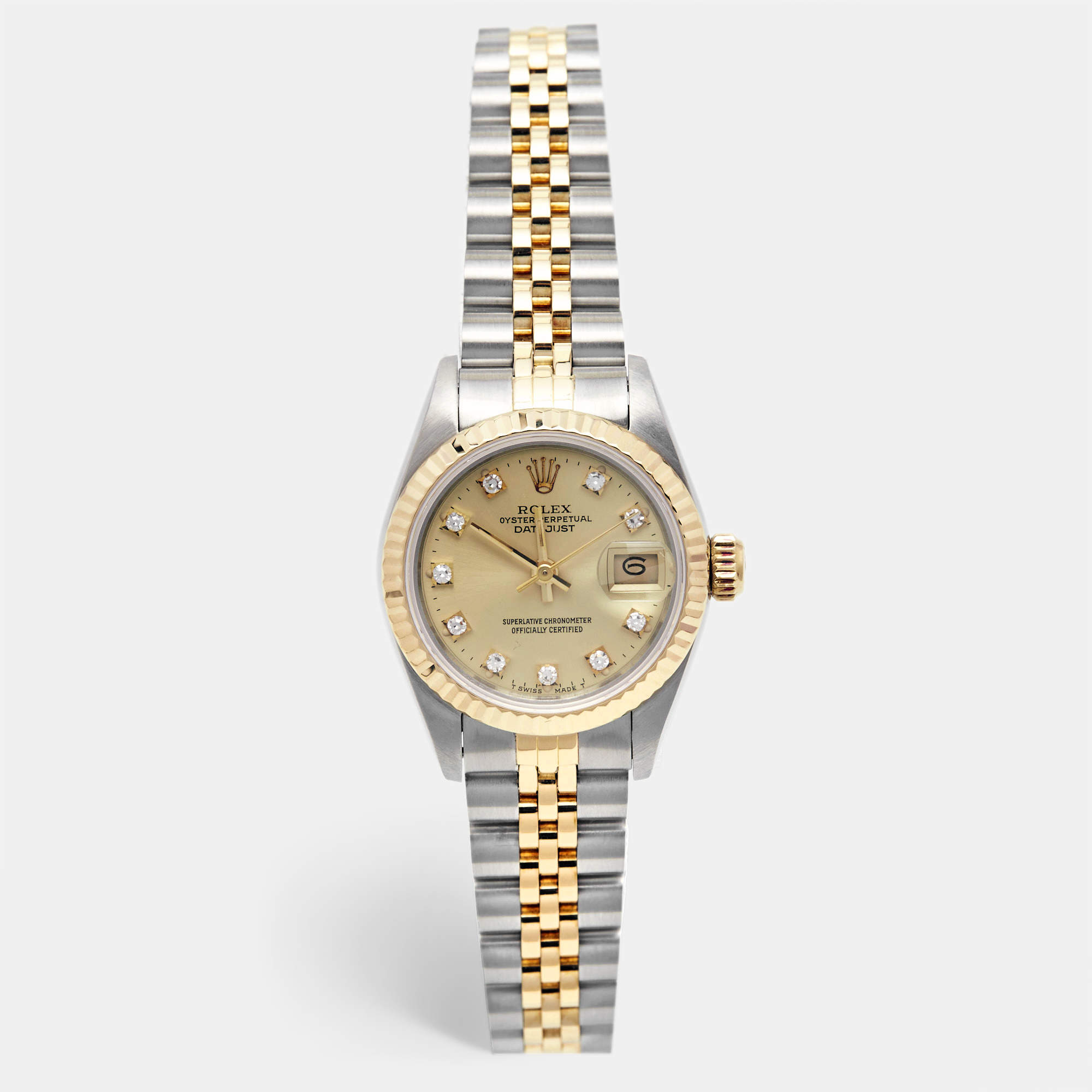 Pre Owned Rolex Champagne Diamond 18k Yellow Gold Stainless Steel Datejust 69173 Women's Wristwatch 26 mm