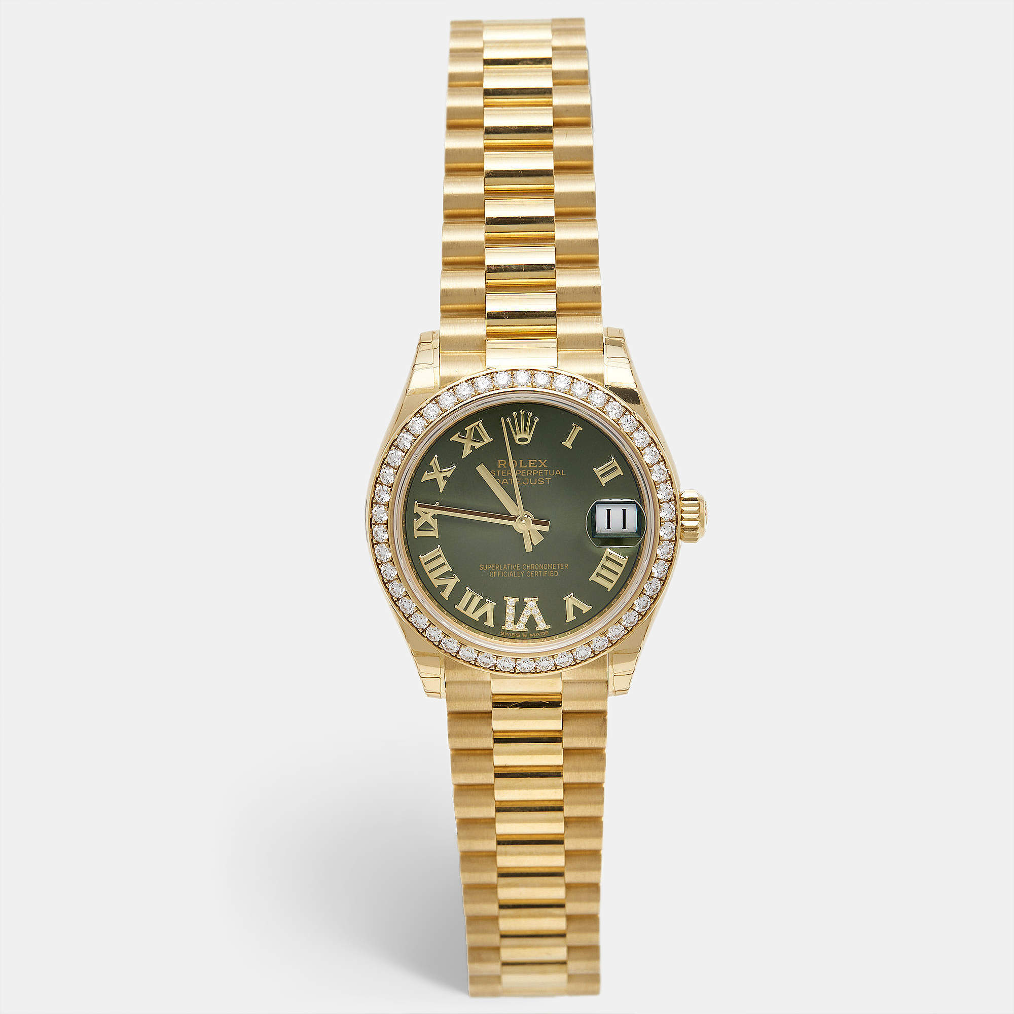 Pre Owned Rolex Olive Green Diamond 18K Yellow Gold President Datejust 278288BRBR Women's Wristwatch 31 mm