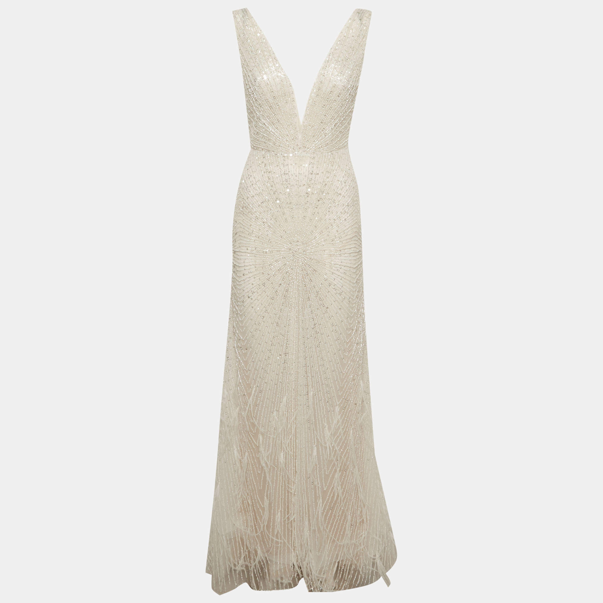 Pre Owned Romanova Atelier White Tulle Embellished Deborah Feathers Mermaid Dress M