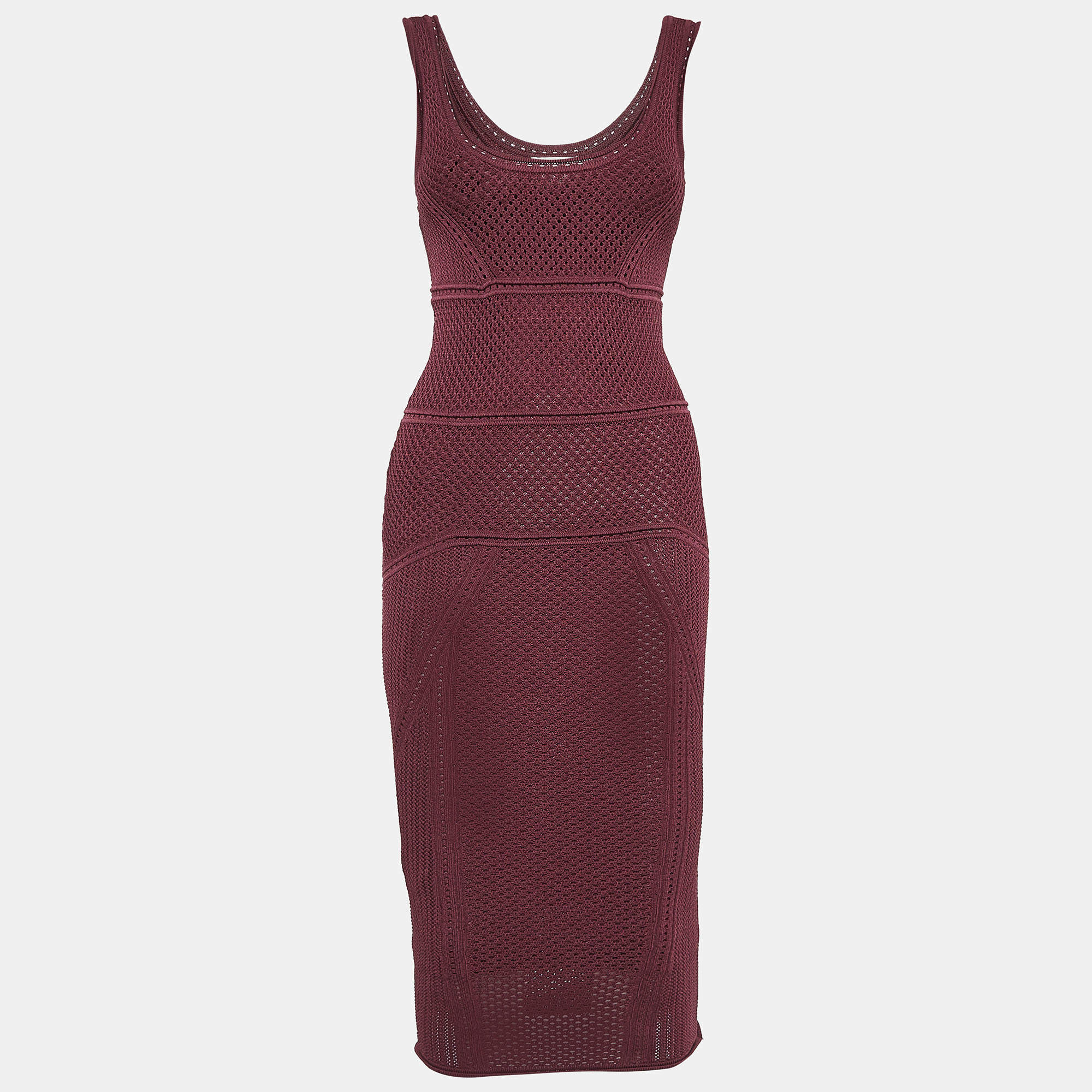 Ronny Kobo Burgundy Macrame Knit Midi Bodycon Dress S