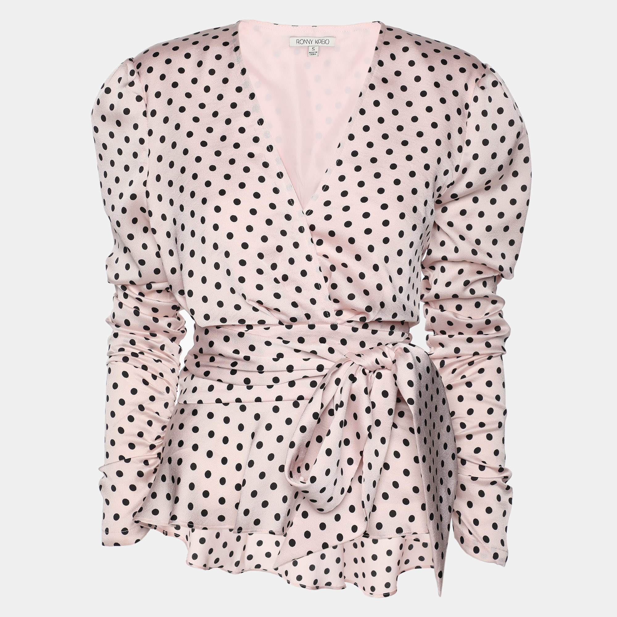Ronny Kobo Pink Polka Dot Print Crepe Annabelle Top S