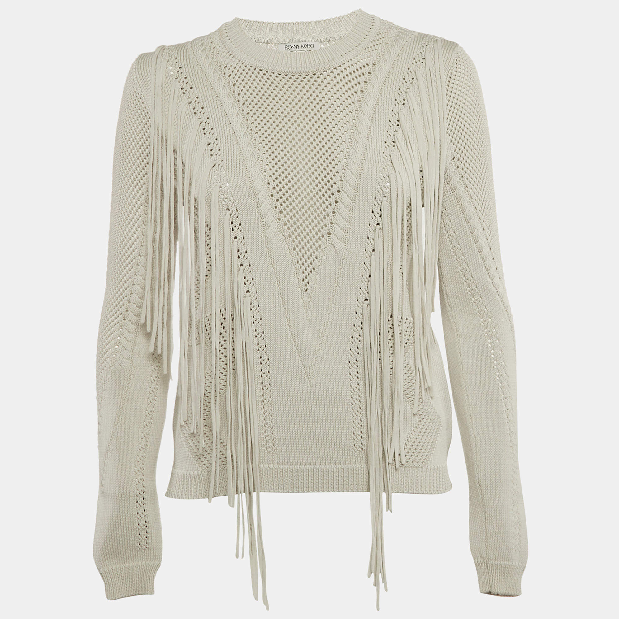 Ronny Kobo Grey Knit Fringed Sweater XS