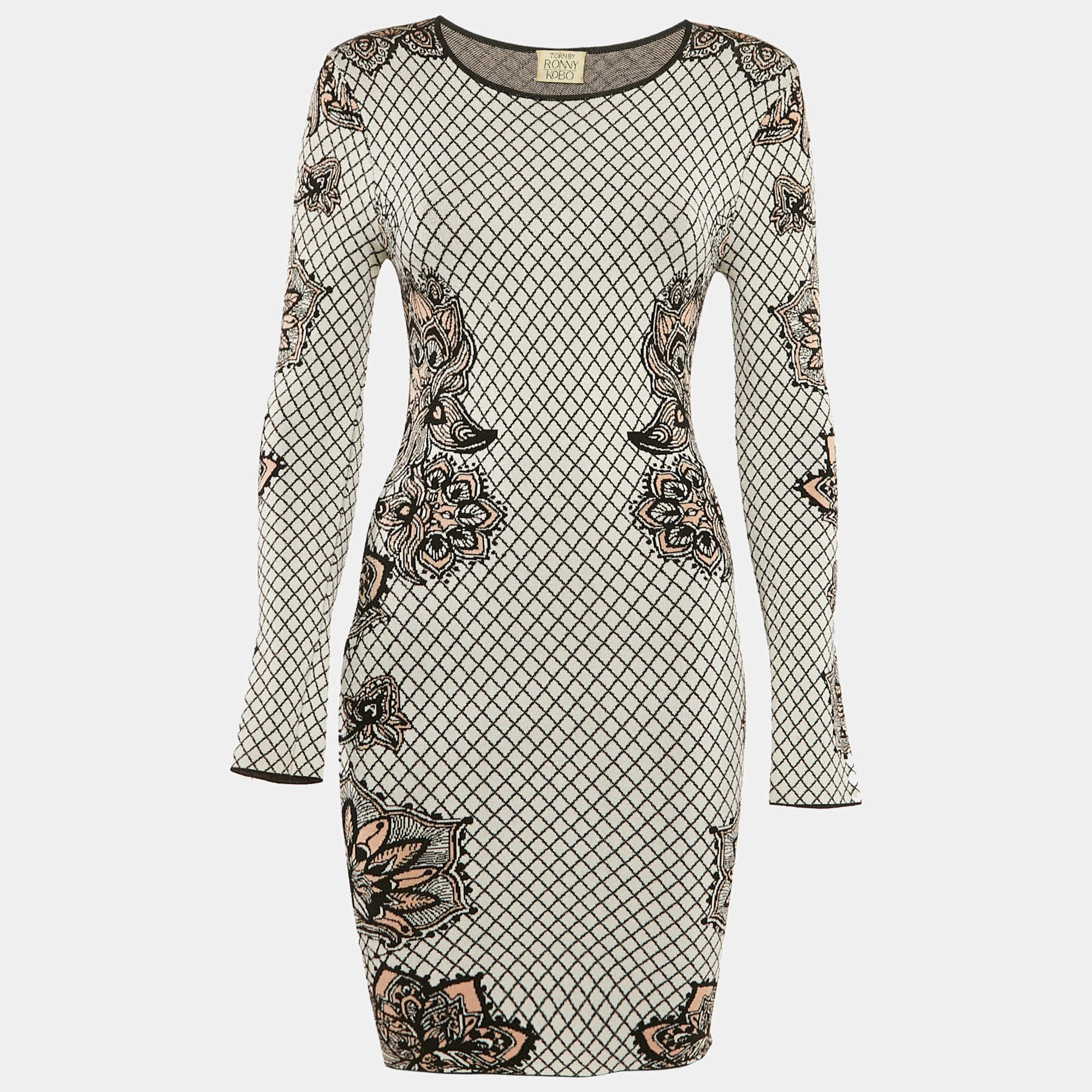 Pre Owned Torn by Ronny Kobo Black/White Floral Intarsia Stretch Knit Bodycon Dress S