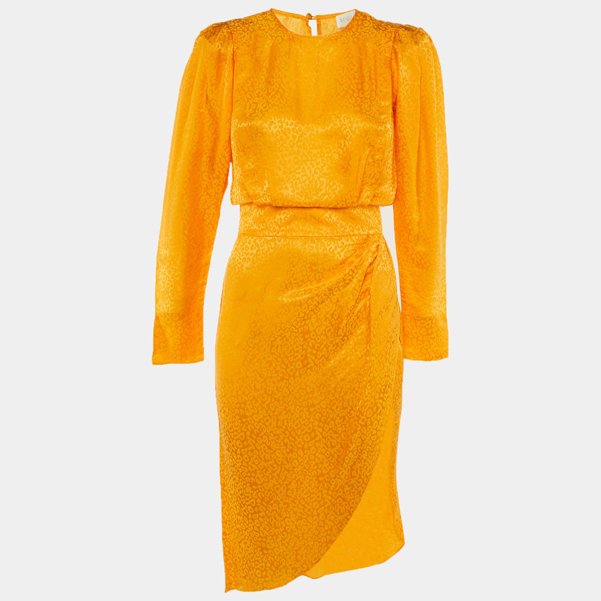 Pre Owned Ronny Kobo Marigold Orange Satin Jacquard Asymmetrical Midi Dress S