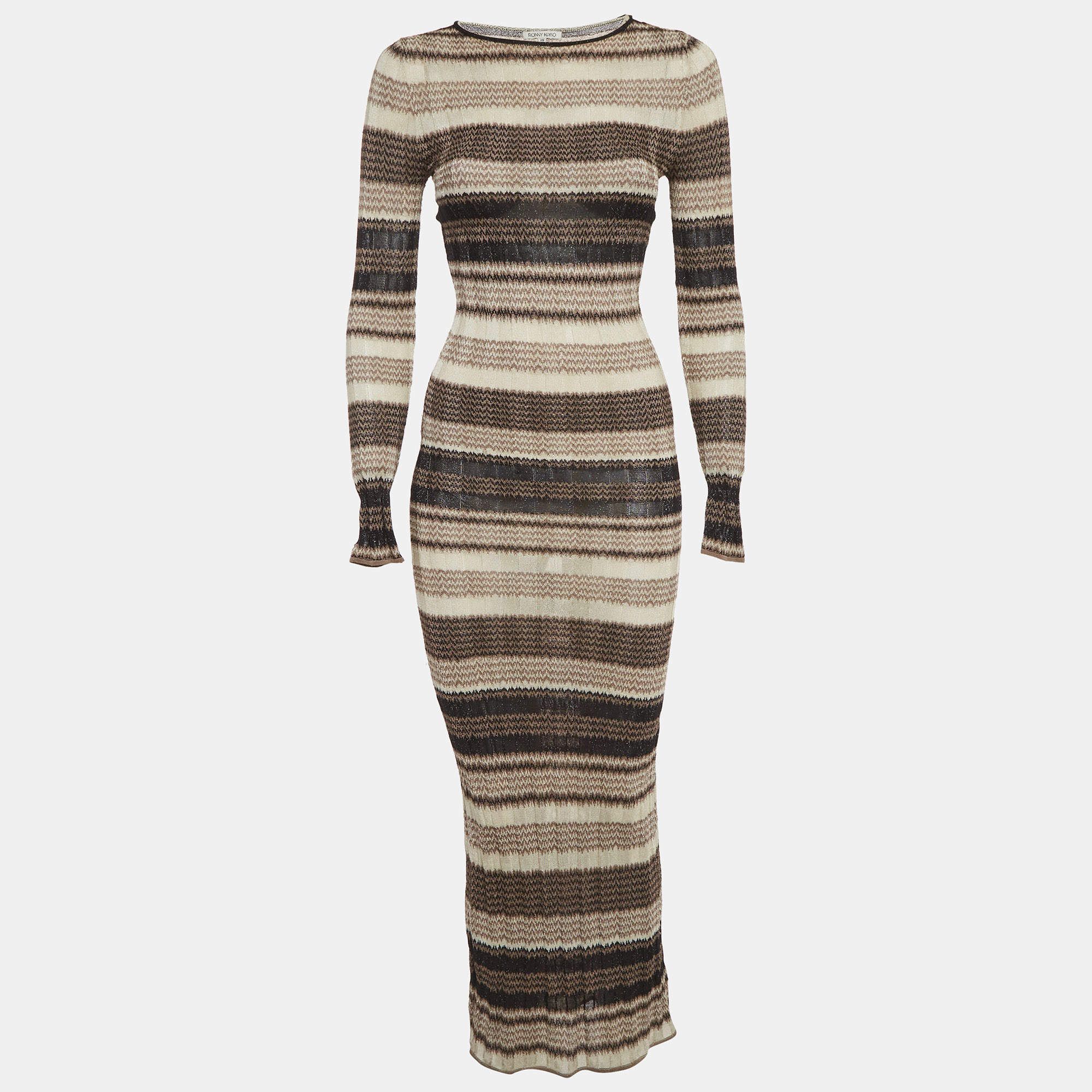 Pre Owned Ronny Kobo Beige & Black Patterned Lurex Knit Maxi Dress XS