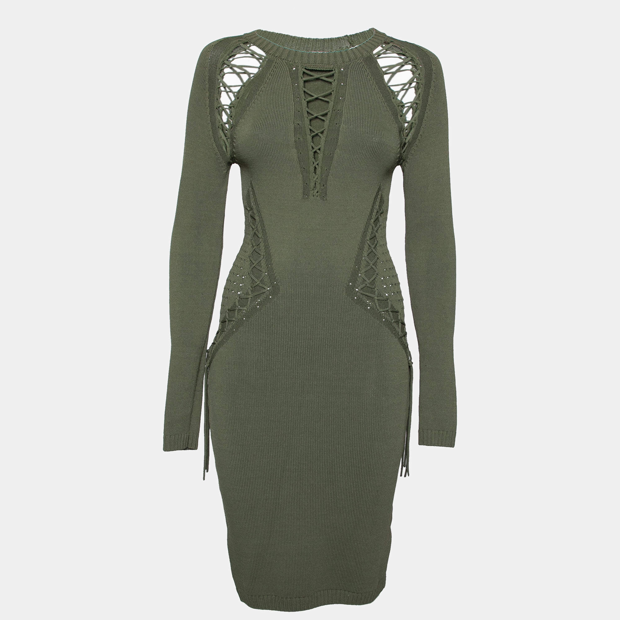 Pre Owned Ronny Kobo Green Knitted Cut-Out Lace Up Detail Bodycon Dress M 
