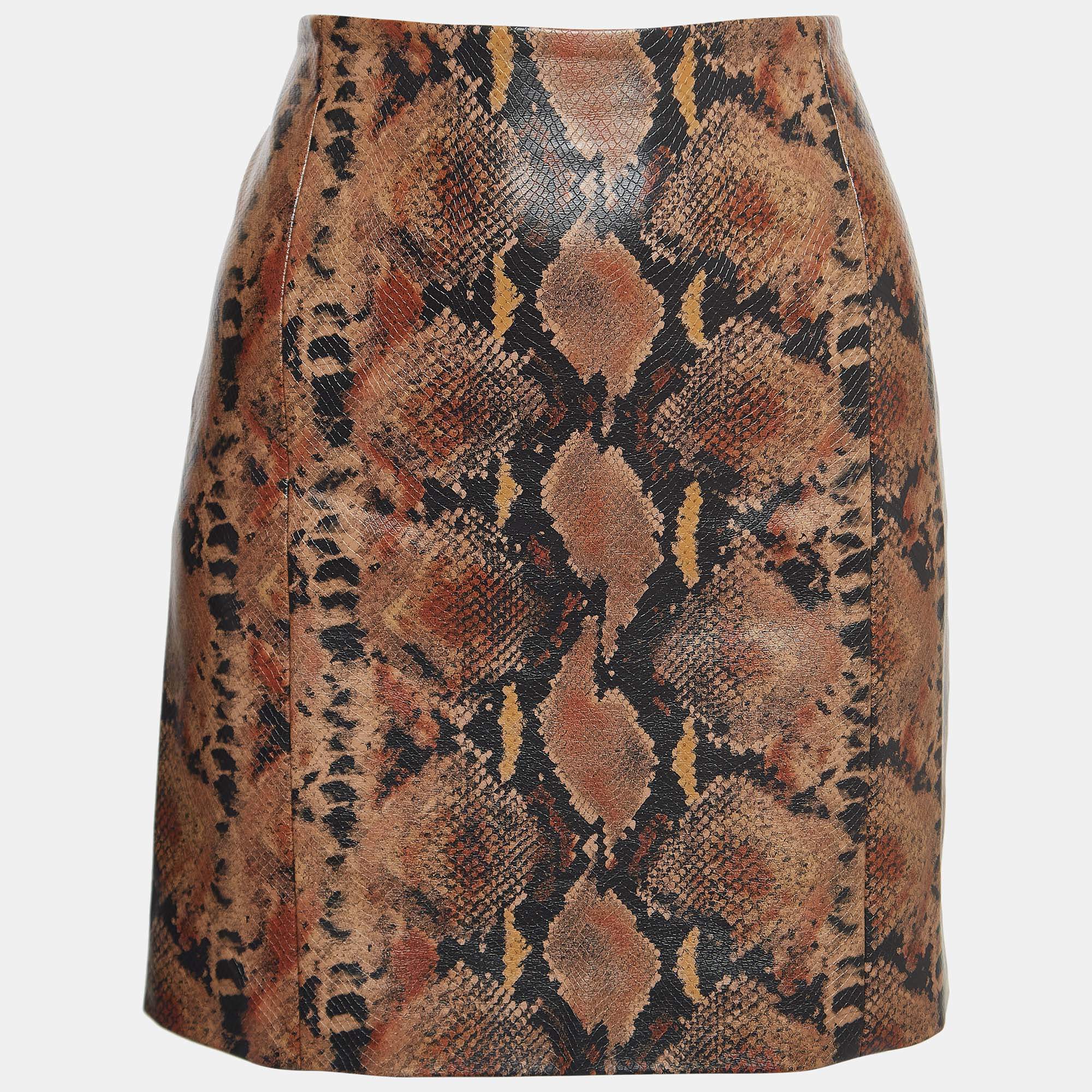 Ronny Kobo Brown Snake Print Faux Leather Mini Skirt M