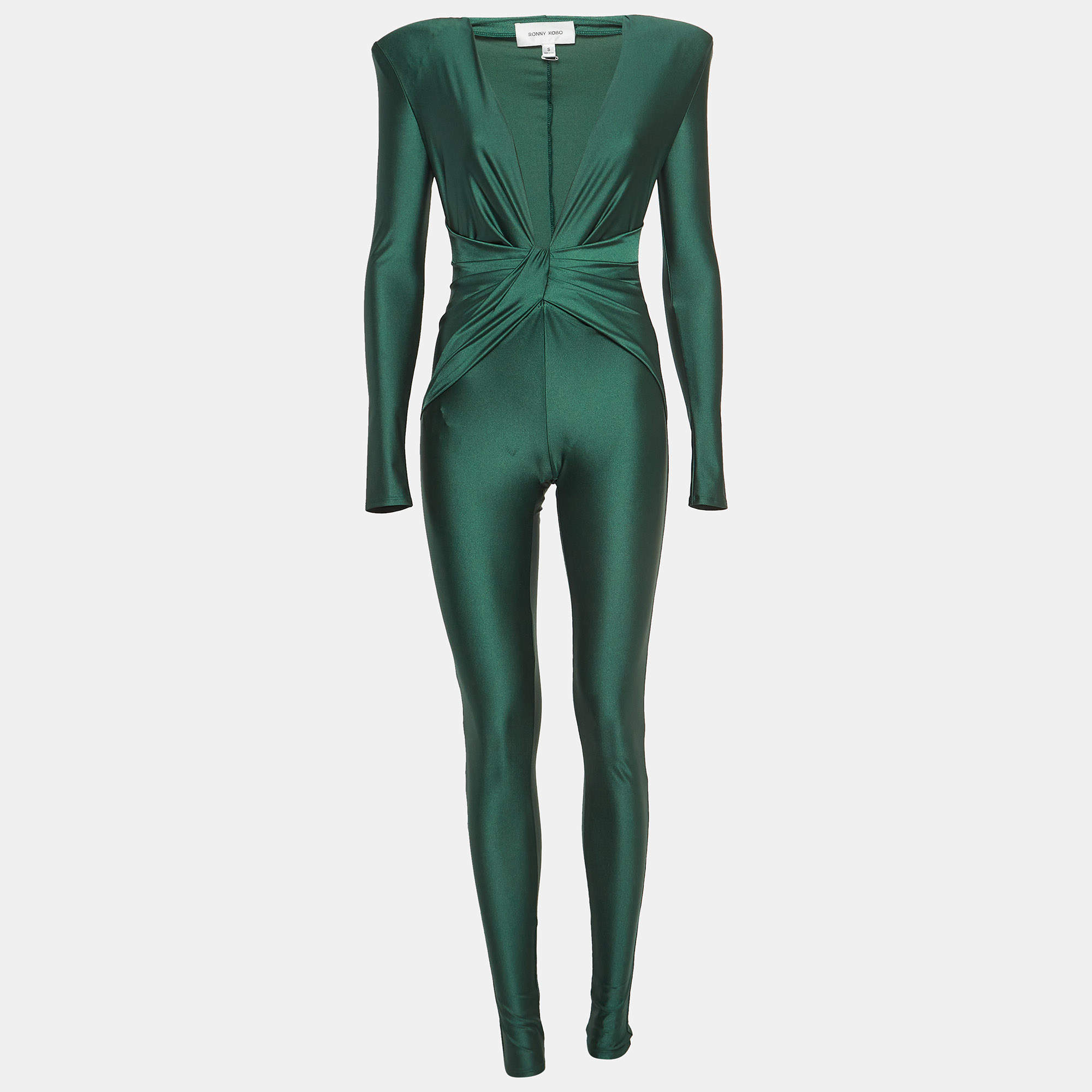 Ronny Kobo Green Nylon Plunge Neck Jumpsuit S