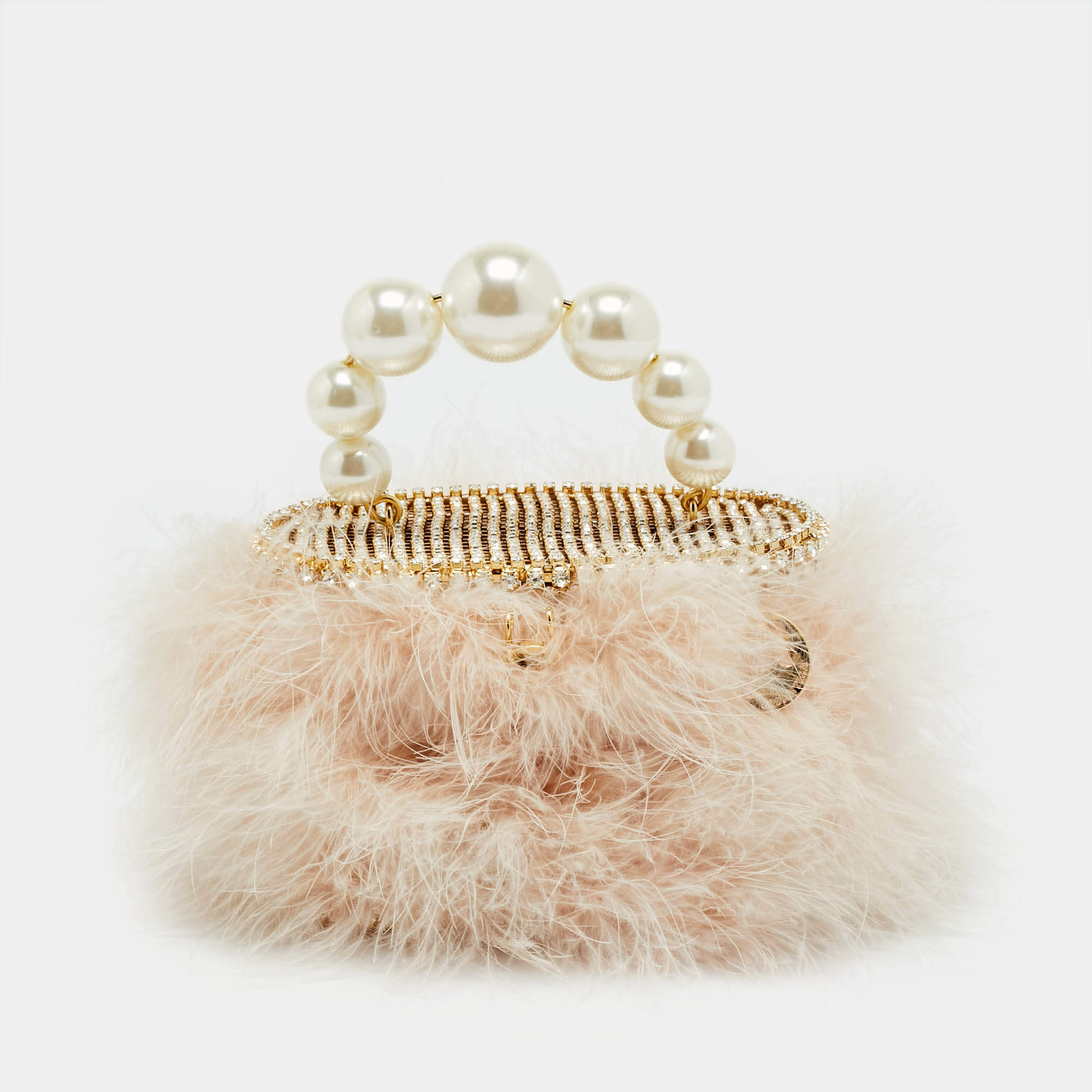 Pre Owned حقيبة روسانتيكا يد علوية لؤلؤ صناعي وريش وردي/ذهبي اللون