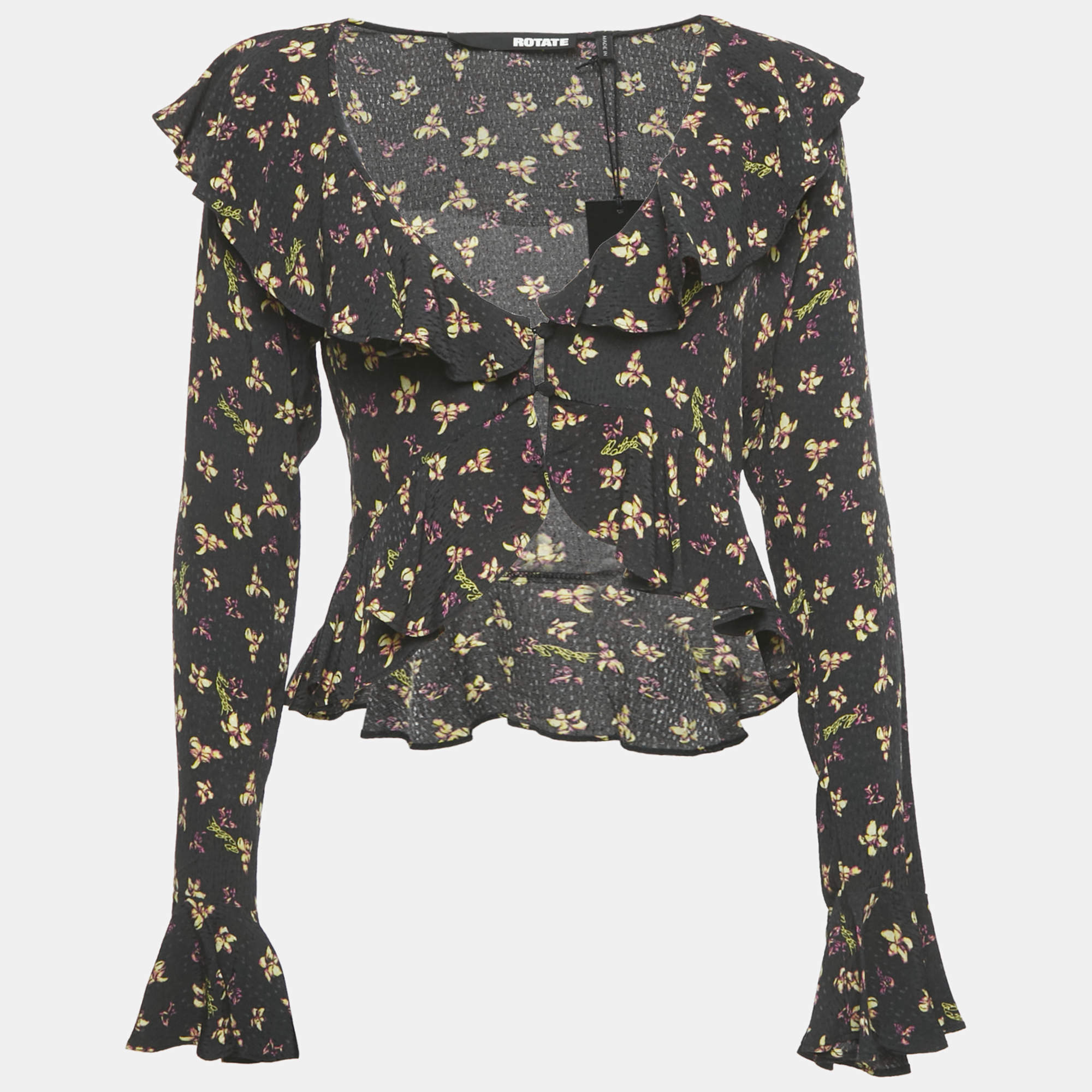 Pre Owned ROTATE Birger Christensen Black Floral Crepe Frill Blouse S