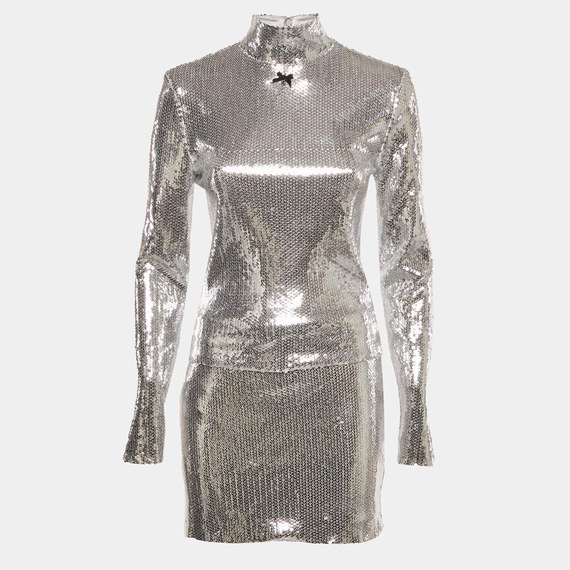 مملوكة مسبقًا Rotate Birger Christensen Silver Sequin Top and Mini Skirt Set S