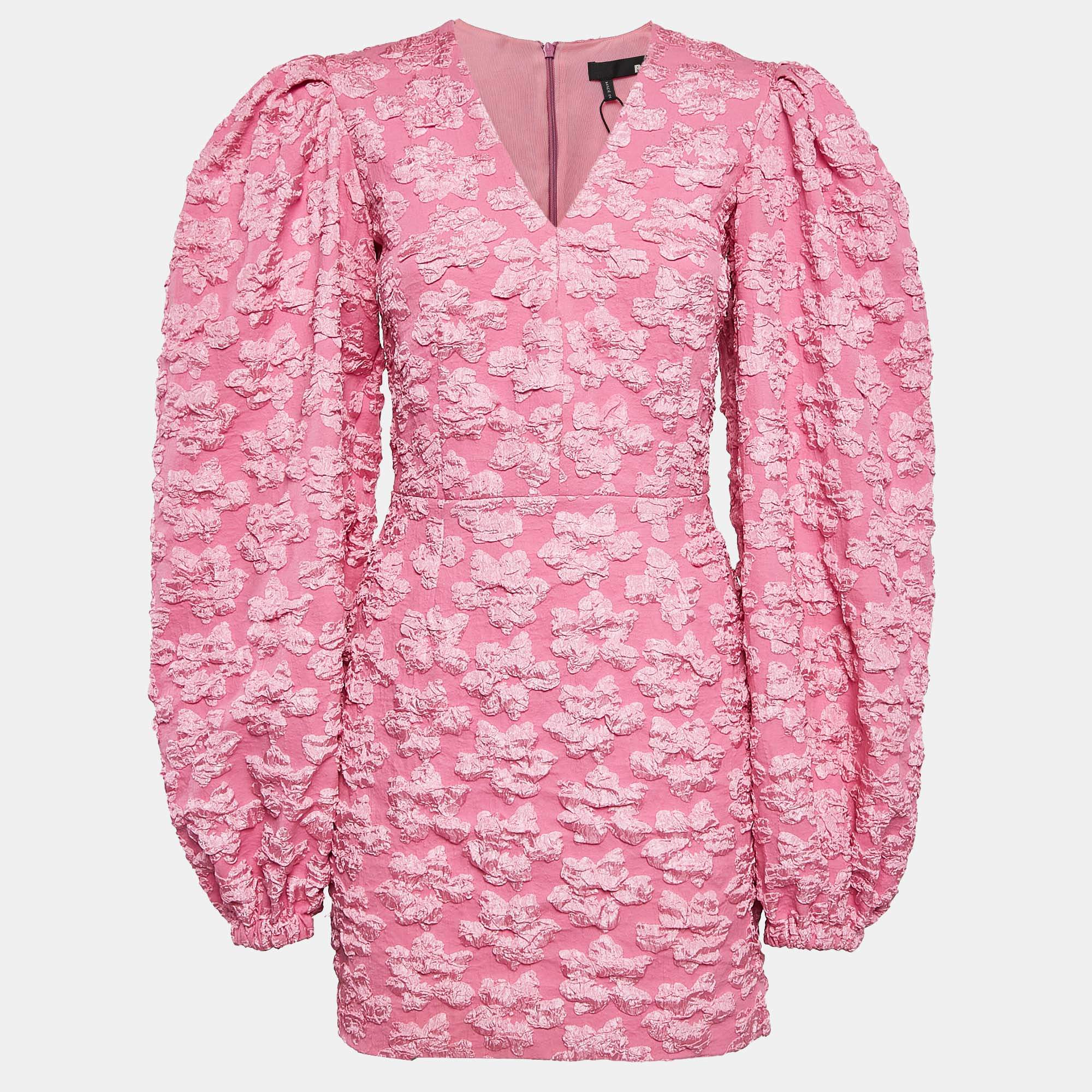 Rotate Birger Christensen Pink Floral Textured Crepe V-Neck Mini Dress S