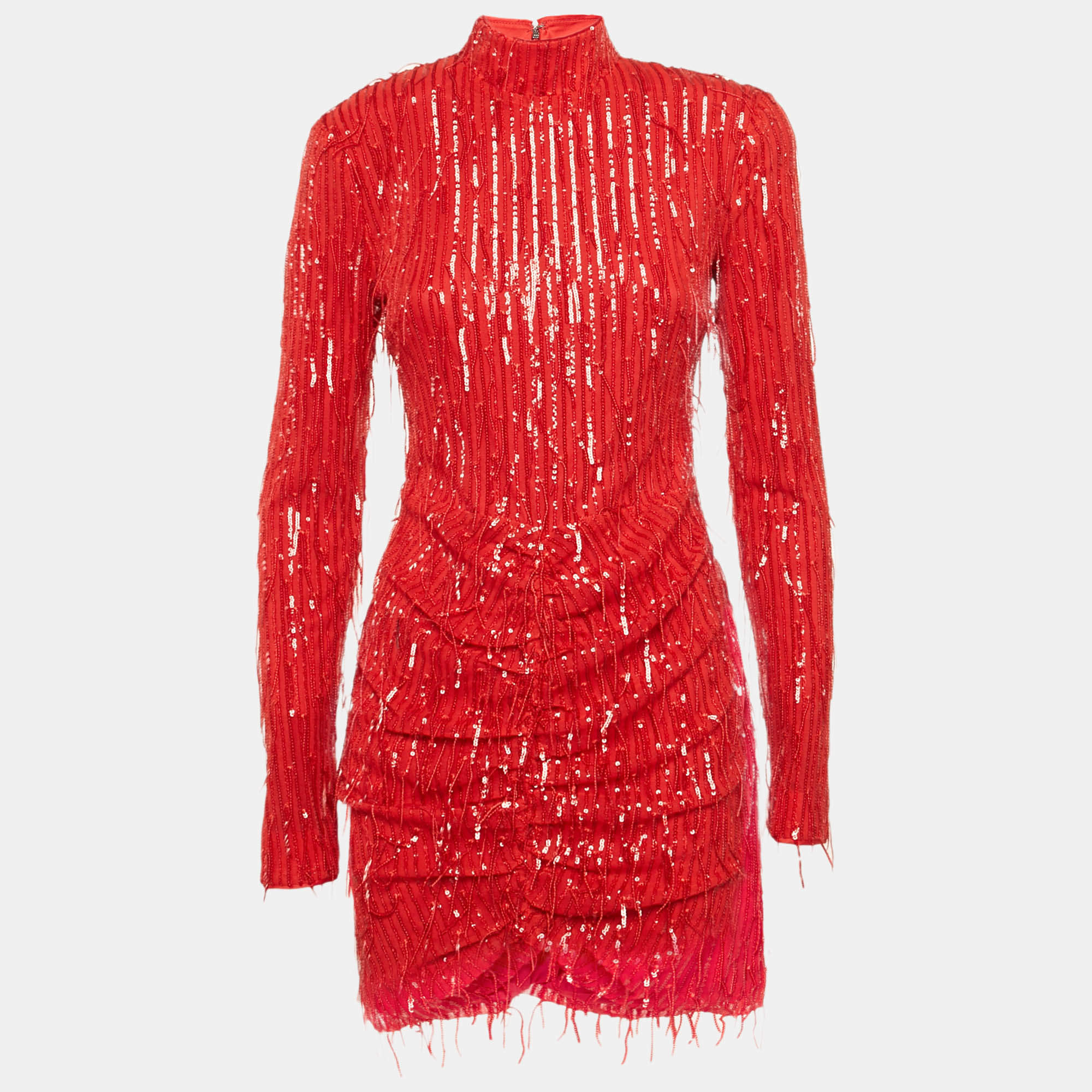 Pre Owned ROTATE BIRGER CHRISTENSEN Racing Red Sequin Tulle Fringed Mini Dress S