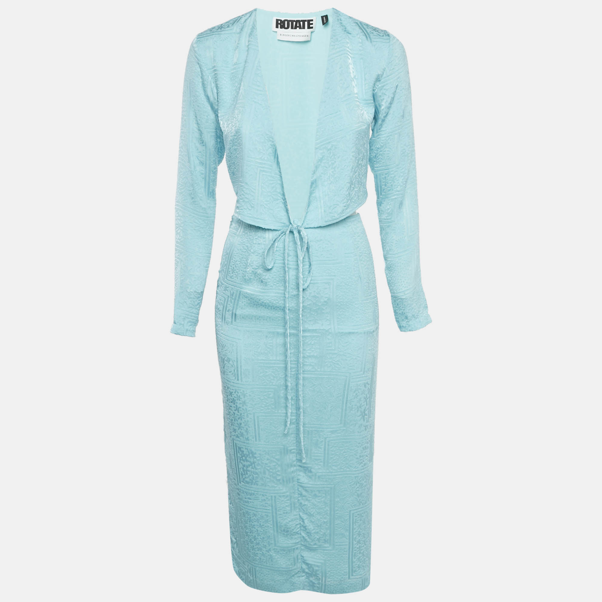 ROTATE BIRGER CHRISTENSEN Blue Textured Jacquard Wrap Top and Skirt Set S