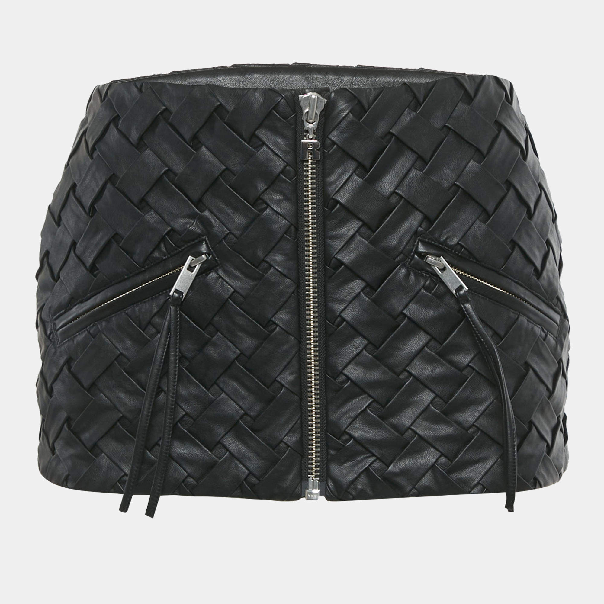 Pre Owned ROTATE BIRGER CHRISTENSEN Black Smocked Leather Zip-Up Mini Skirt M